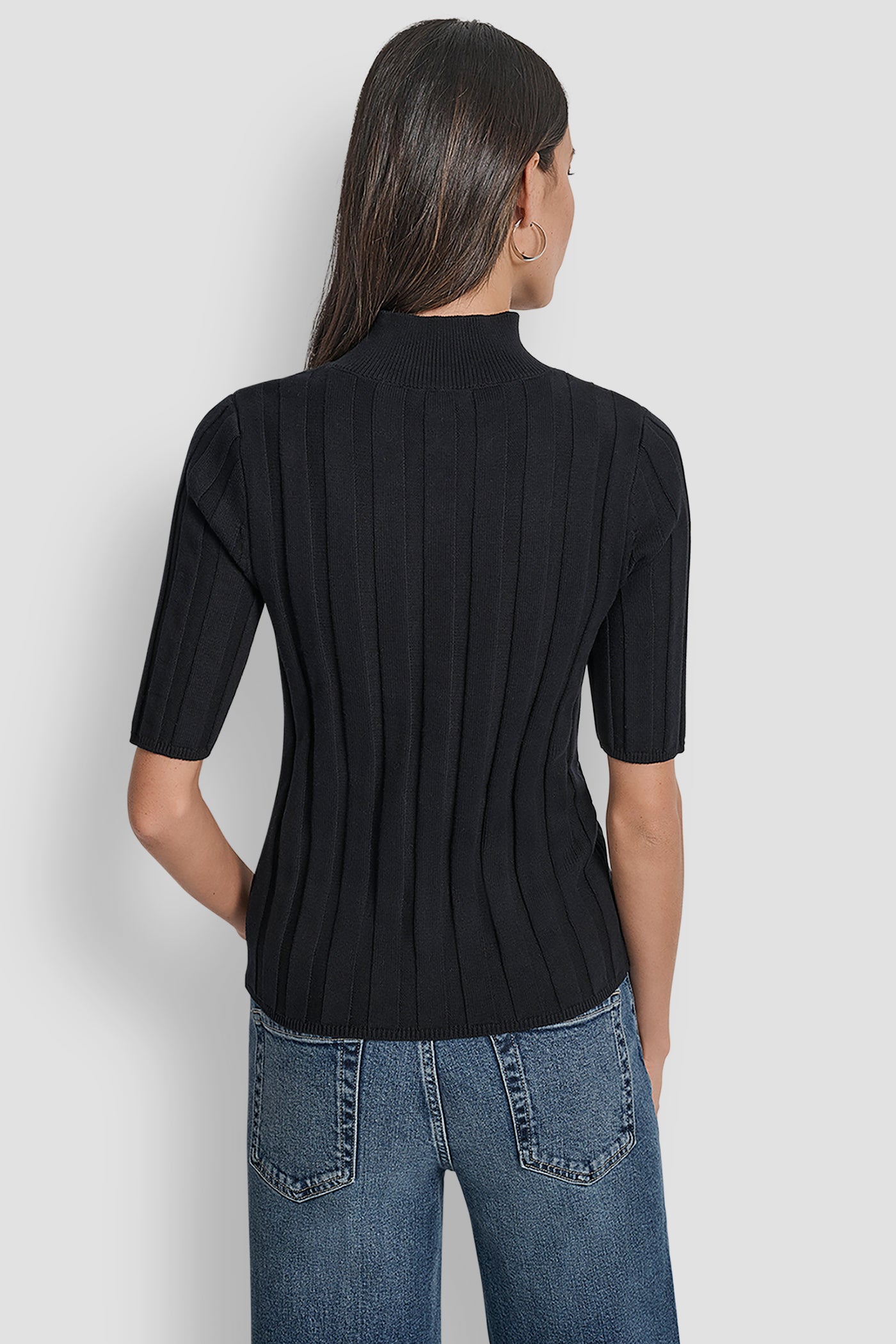 Black ELBOW SLEEVE WIDE RIB MOCK NECK WITH LOGO PATCH, BACK VIEW | WOMEN'S SWEATERS & TOPS