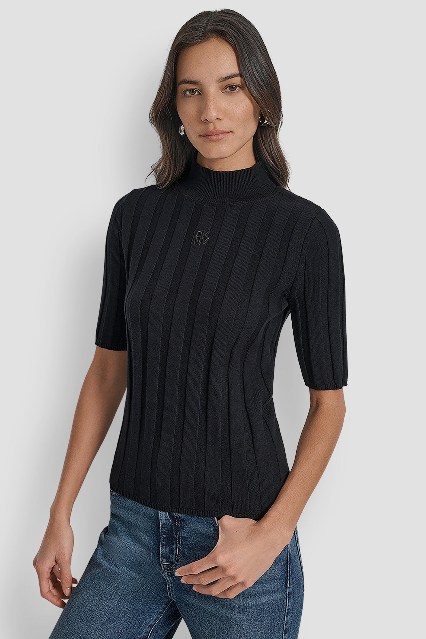 Black ELBOW SLEEVE WIDE RIB MOCK NECK WITH LOGO PATCH, FRONT VIEW | WOMEN'S SWEATERS & TOPS