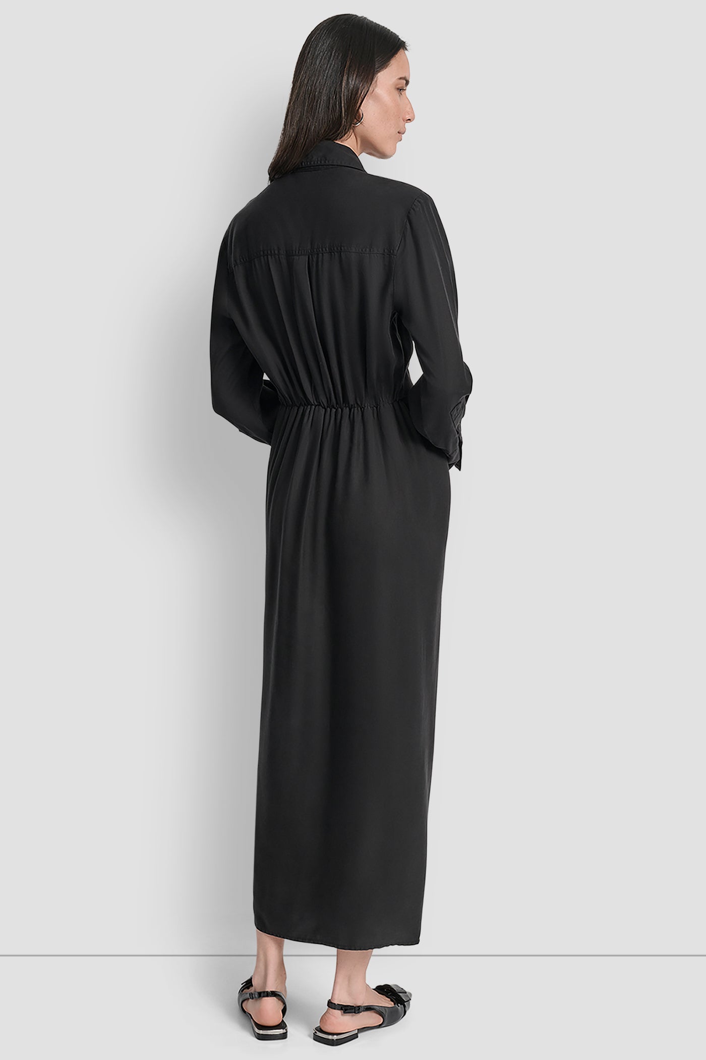 Black GARMENT DYE LONG SLEEVE BUTTON FRONT SHIRT DRESS, BACK VIEW | SELECT STYLES