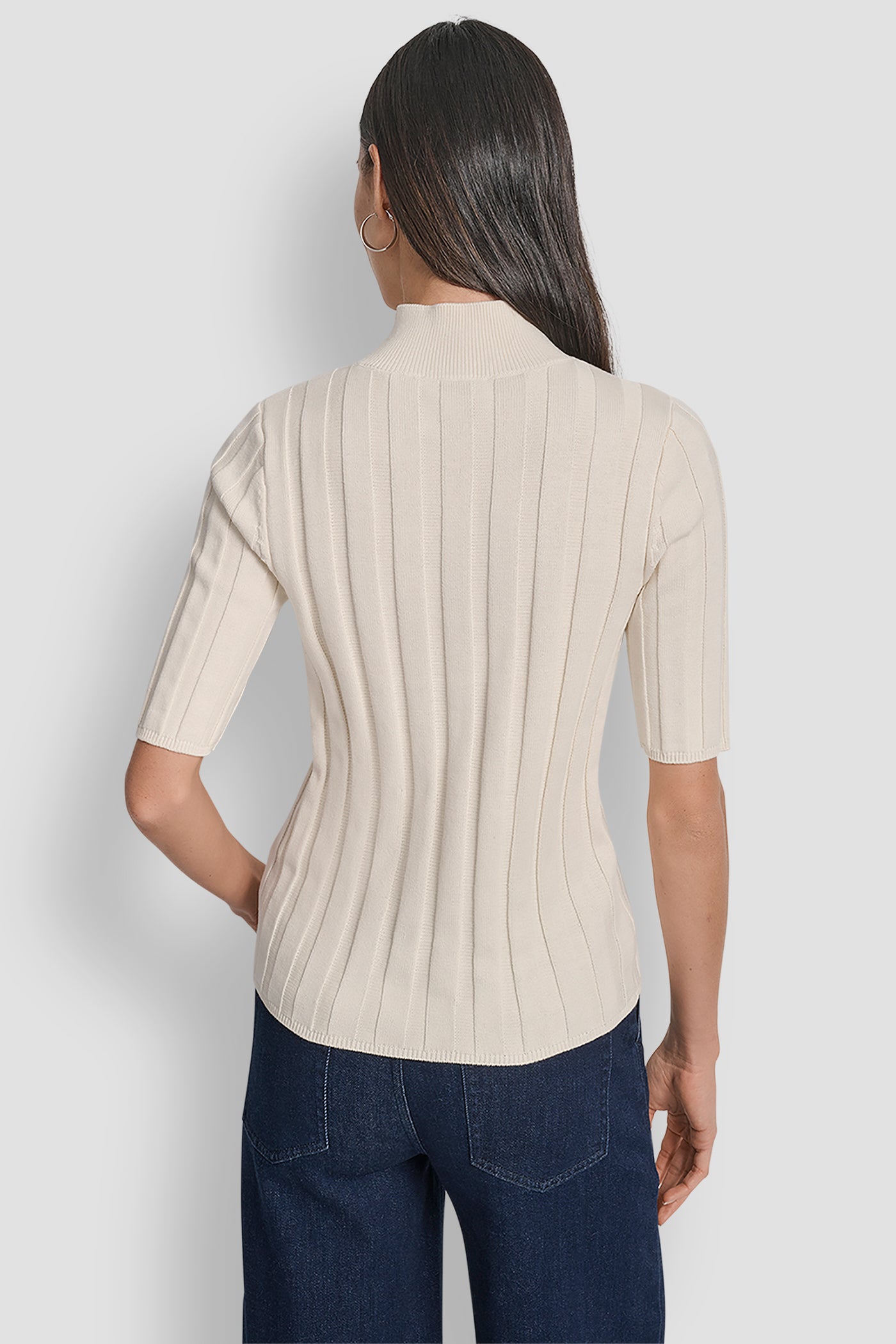 EGGNOG ELBOW SLEEVE WIDE RIB MOCK NECK WITH LOGO PATCH, BACK VIEW | WOMEN'S SWEATERS & TOPS