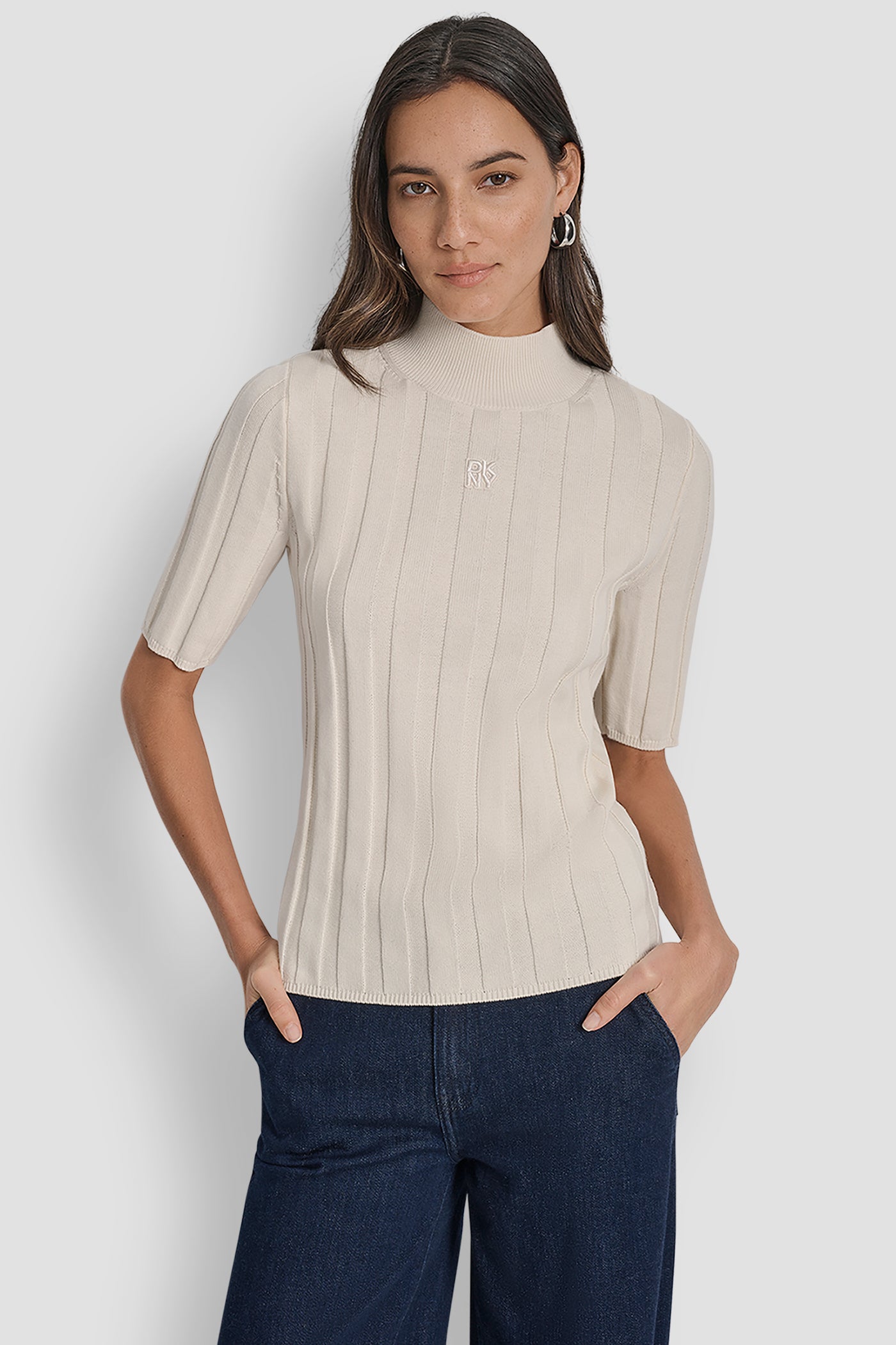 EGGNOG ELBOW SLEEVE WIDE RIB MOCK NECK WITH LOGO PATCH, FRONT VIEW | WOMEN'S SWEATERS & TOPS