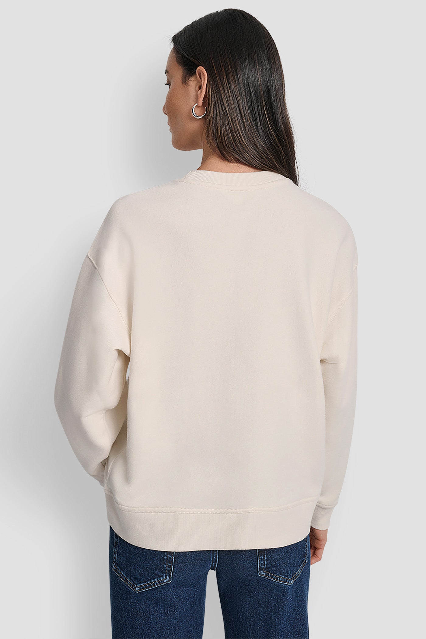 IVORY/GOLD DKNY STACKED METAL RIM RHINESTONE LOGO CREW NECK, VIEW 2 | New Arrivals