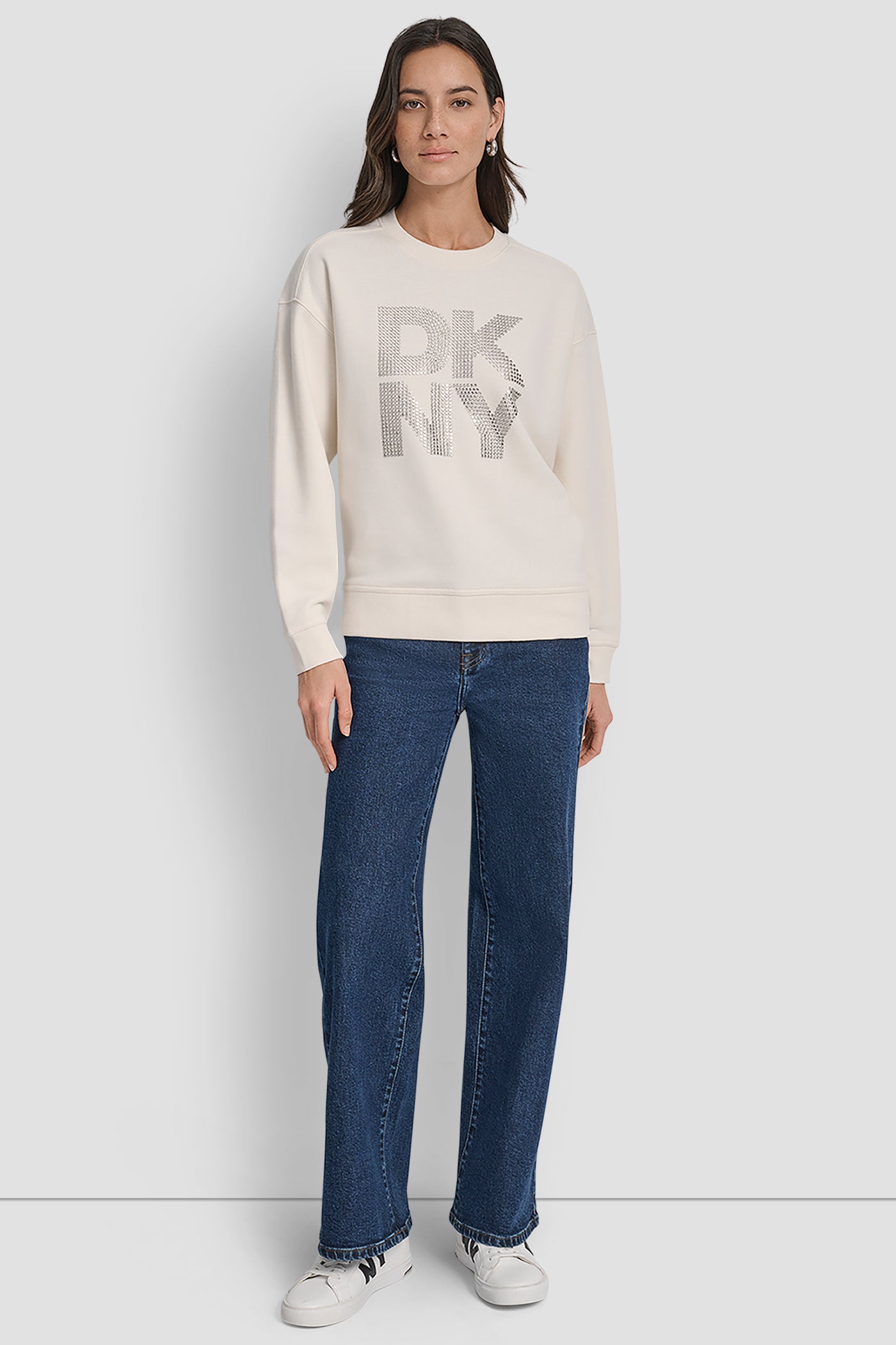 DKNY STACKED METAL RIM RHINESTONE LOGO CREW NECK VIEW 6 | New Arrivals