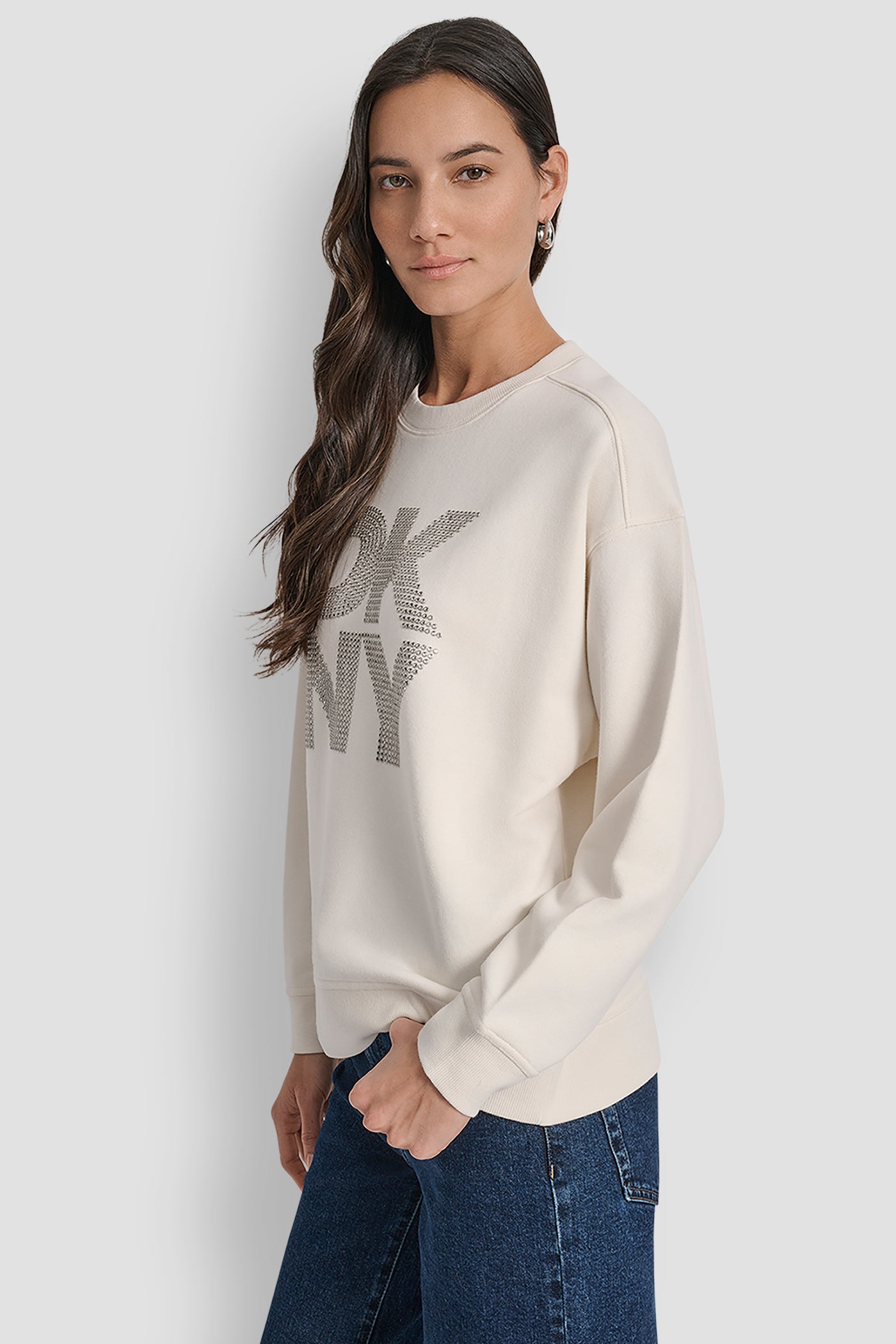 DKNY STACKED METAL RIM RHINESTONE LOGO CREW NECK VIEW 3 | New Arrivals