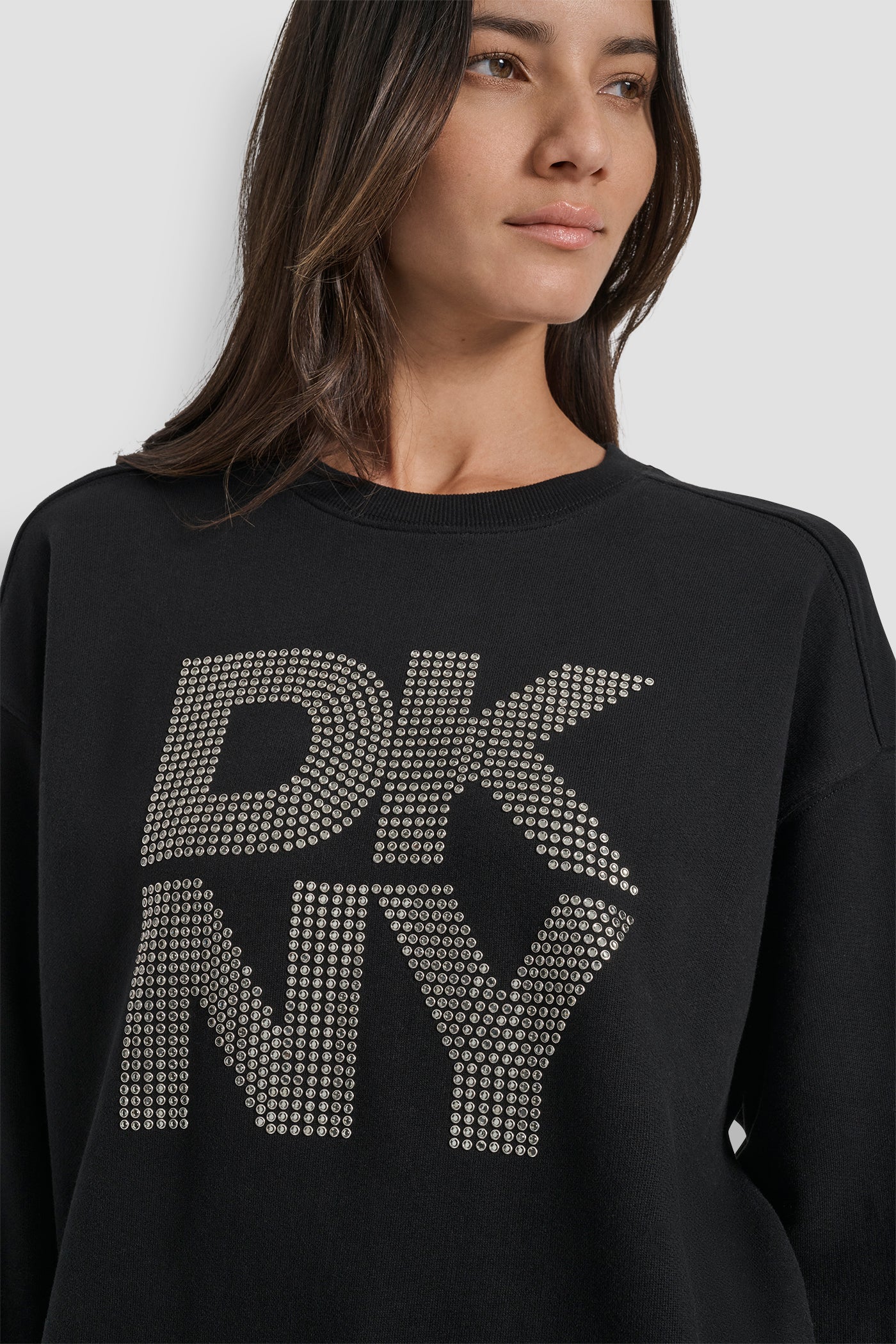 DKNY STACKED METAL RIM RHINESTONE LOGO CREW NECK VIEW 5 | New Arrivals