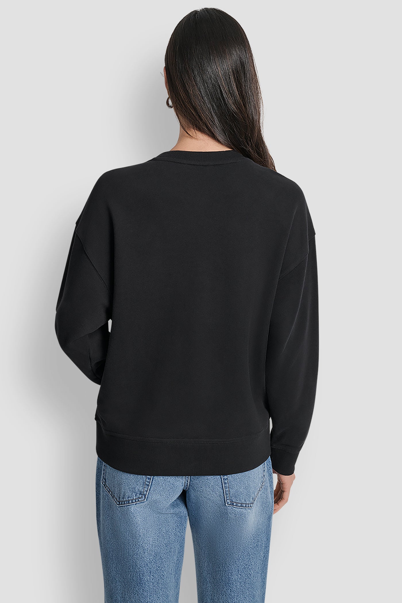 BLACK/SMOKE SILVER DKNY STACKED METAL RIM RHINESTONE LOGO CREW NECK, BACK VIEW | New Arrivals