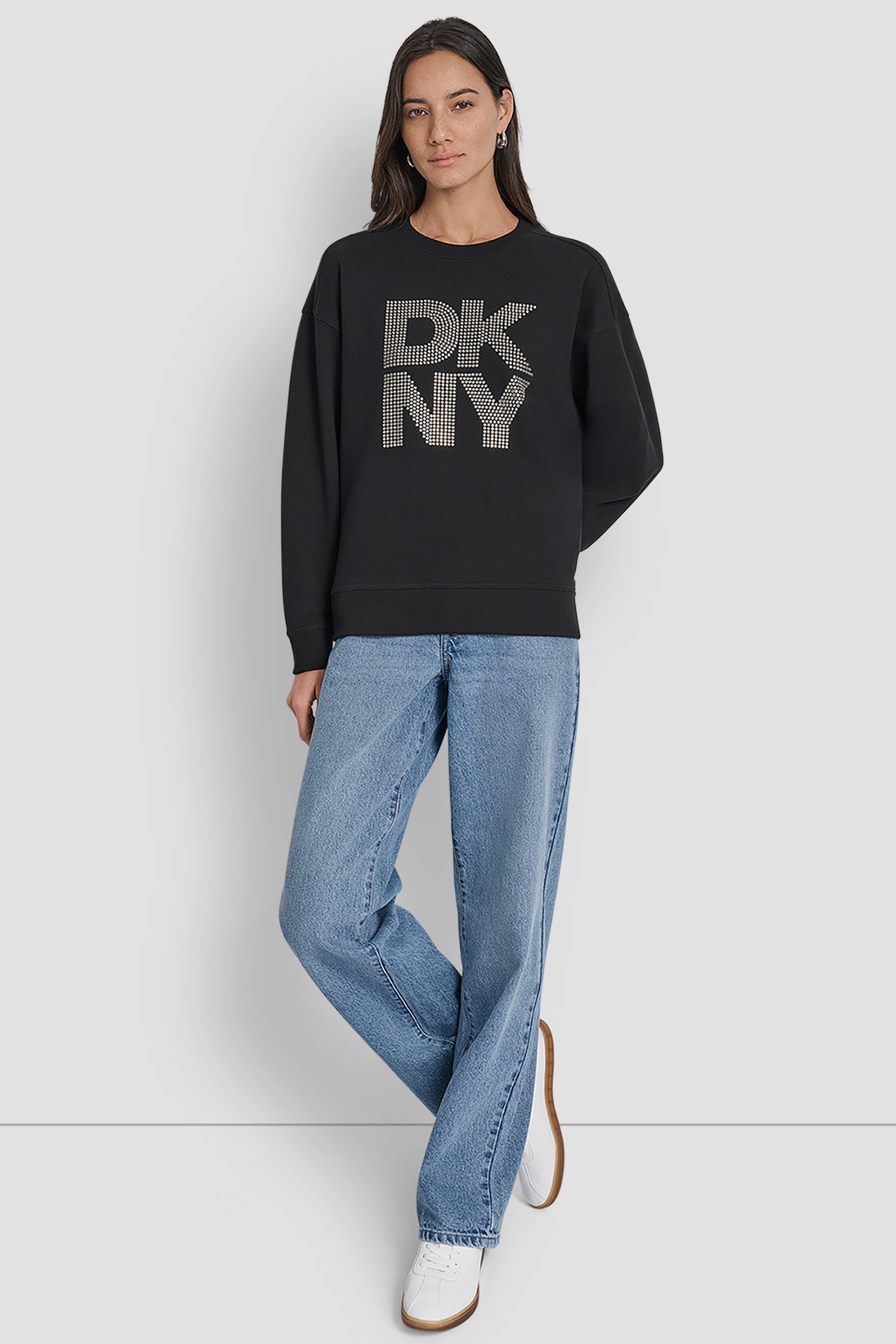 DKNY STACKED METAL RIM RHINESTONE LOGO CREW NECK VIEW 6 | New Arrivals