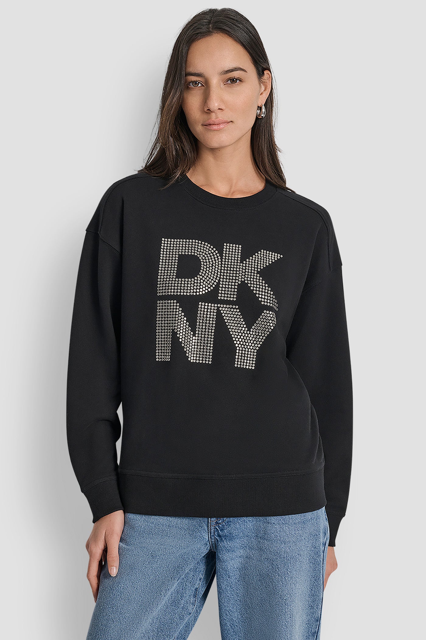 BLACK/SMOKE SILVER DKNY STACKED METAL RIM RHINESTONE LOGO CREW NECK, FRONT VIEW | New Arrivals