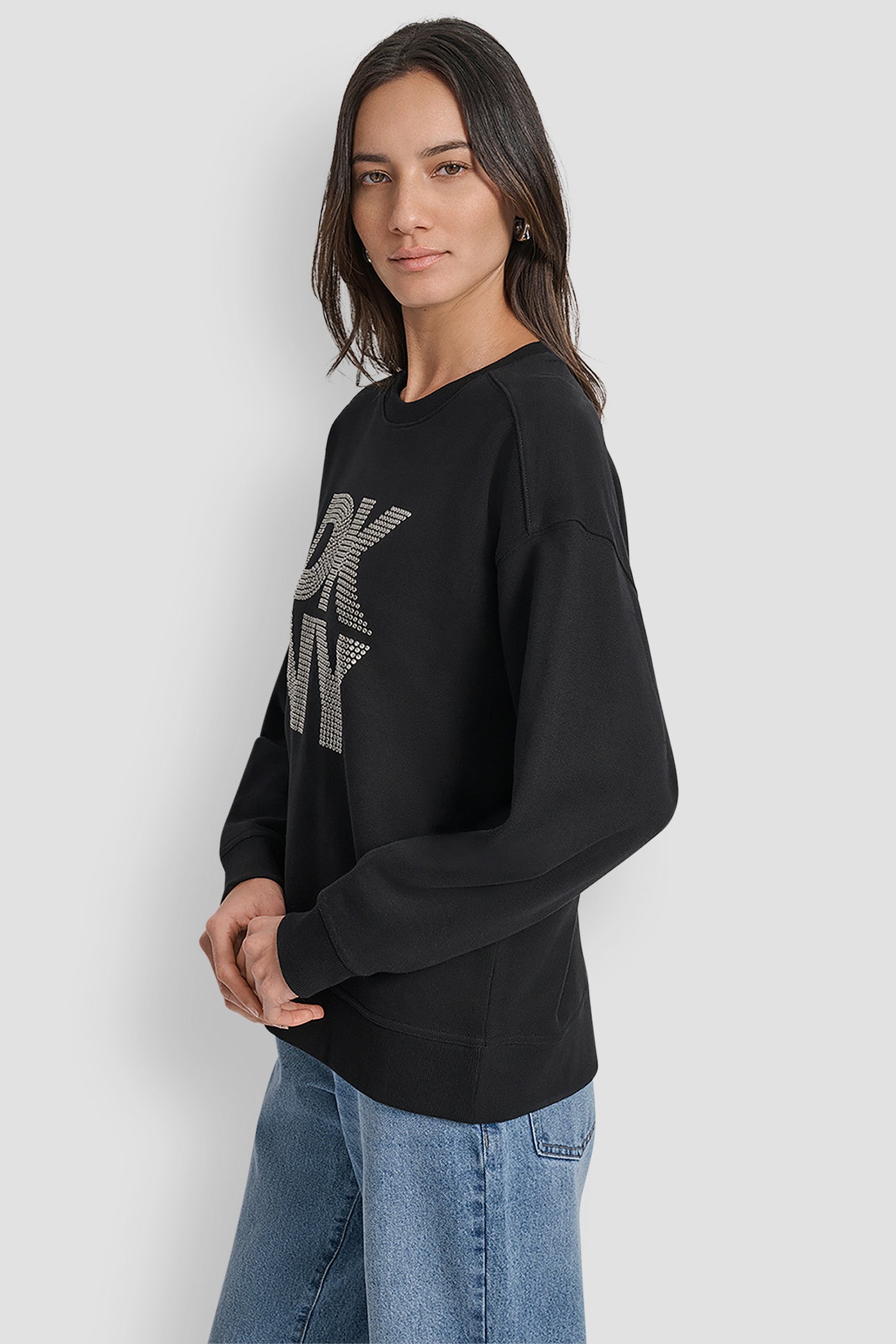 DKNY STACKED METAL RIM RHINESTONE LOGO CREW NECK VIEW 3 | New Arrivals