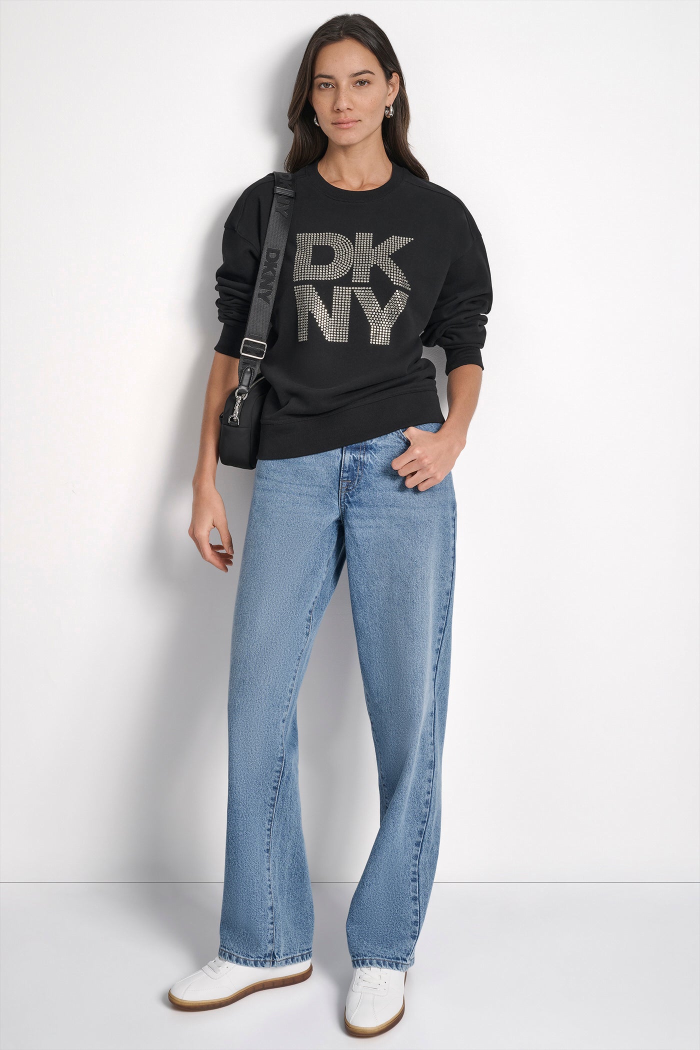 DKNY STACKED METAL RIM RHINESTONE LOGO CREW NECK VIEW 7 | New Arrivals