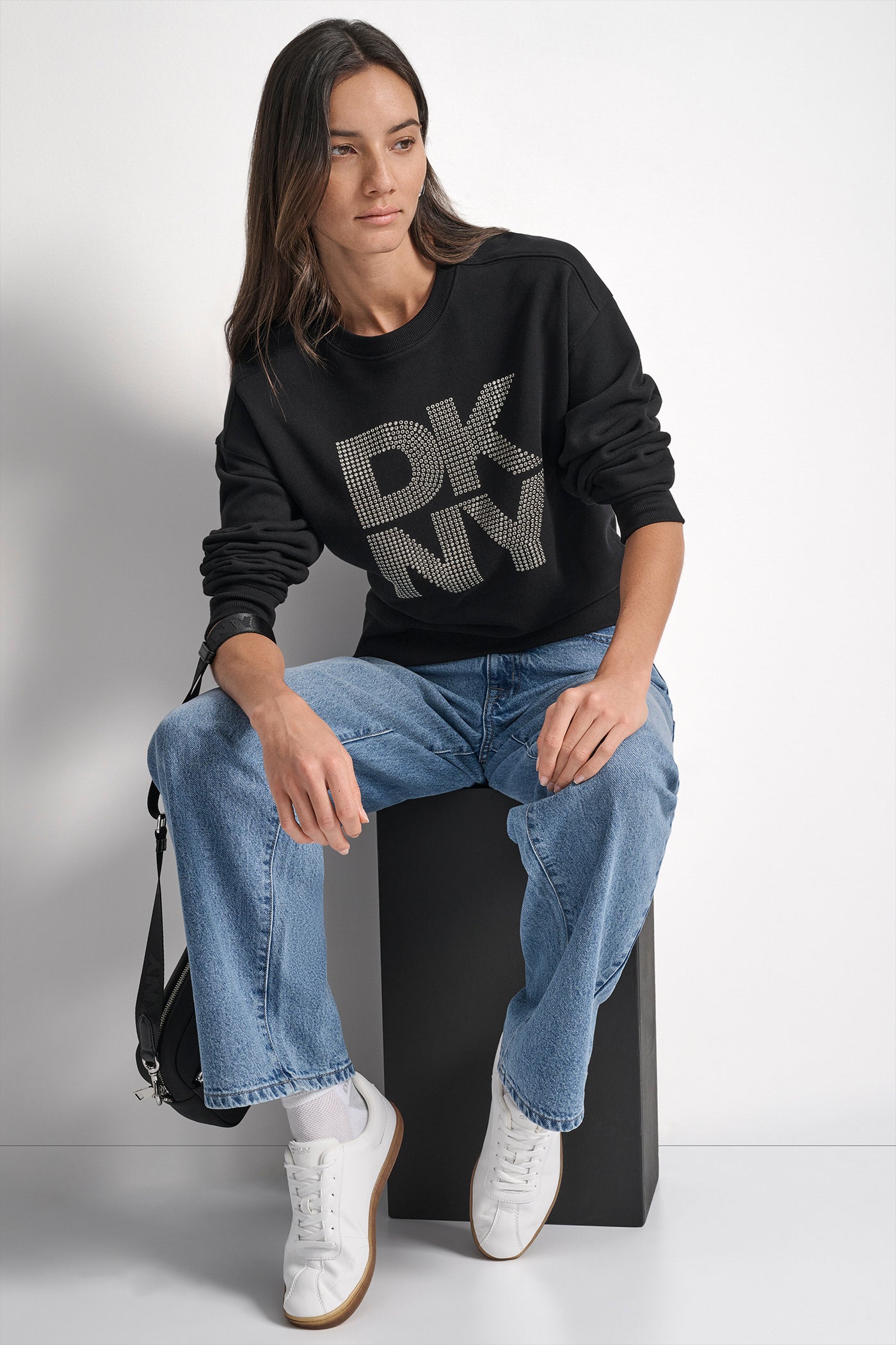 DKNY STACKED METAL RIM RHINESTONE LOGO CREW NECK VIEW 8 | New Arrivals