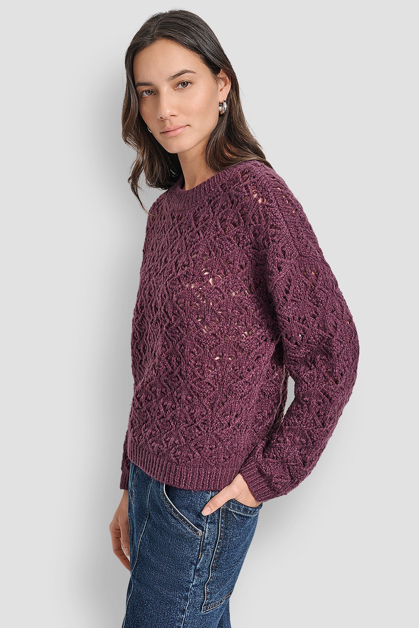 POINTELLE STITCH LONG SLEEVE CREW NECK SWEATER VIEW 3 | Clothing