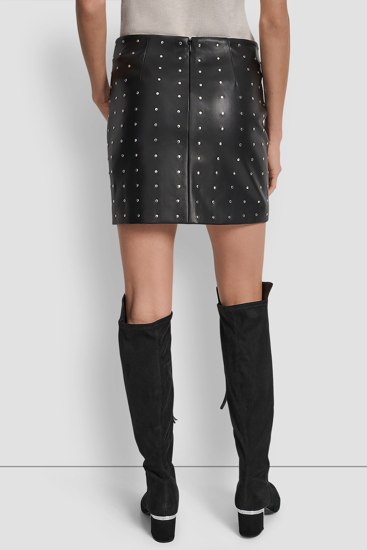 BLACK FAUX LEATHER EMBELLISHED FAUX LEATHER SKIRT, BACK VIEW | Skirts