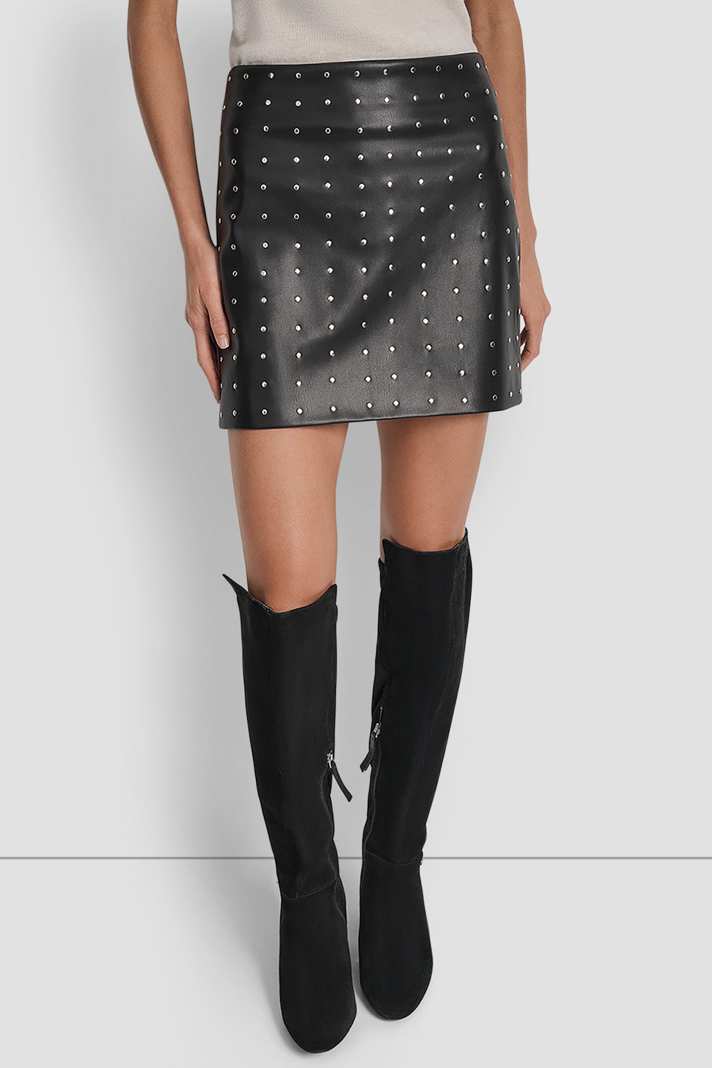 BLACK FAUX LEATHER EMBELLISHED FAUX LEATHER SKIRT, FRONT VIEW | Skirts