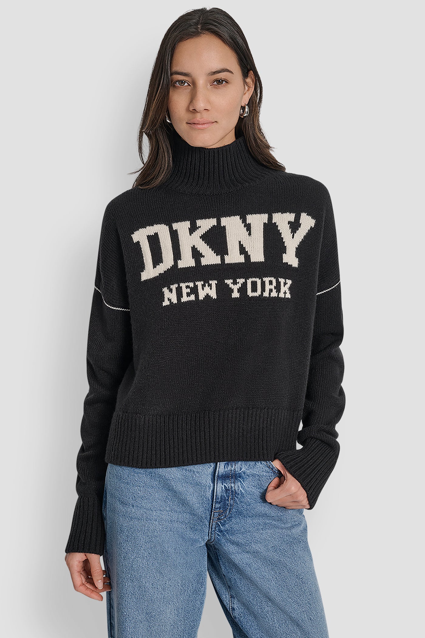 Black LOGO INTARSIA MOCK-NECK SWEATER, FRONT VIEW | Clothing