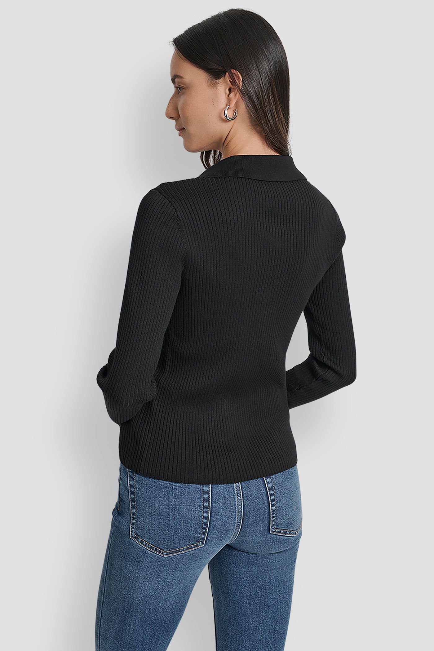 Black LONG SLEEVE RIB POLO SWEATER, BACK VIEW | WOMEN'S SWEATERS & TOPS