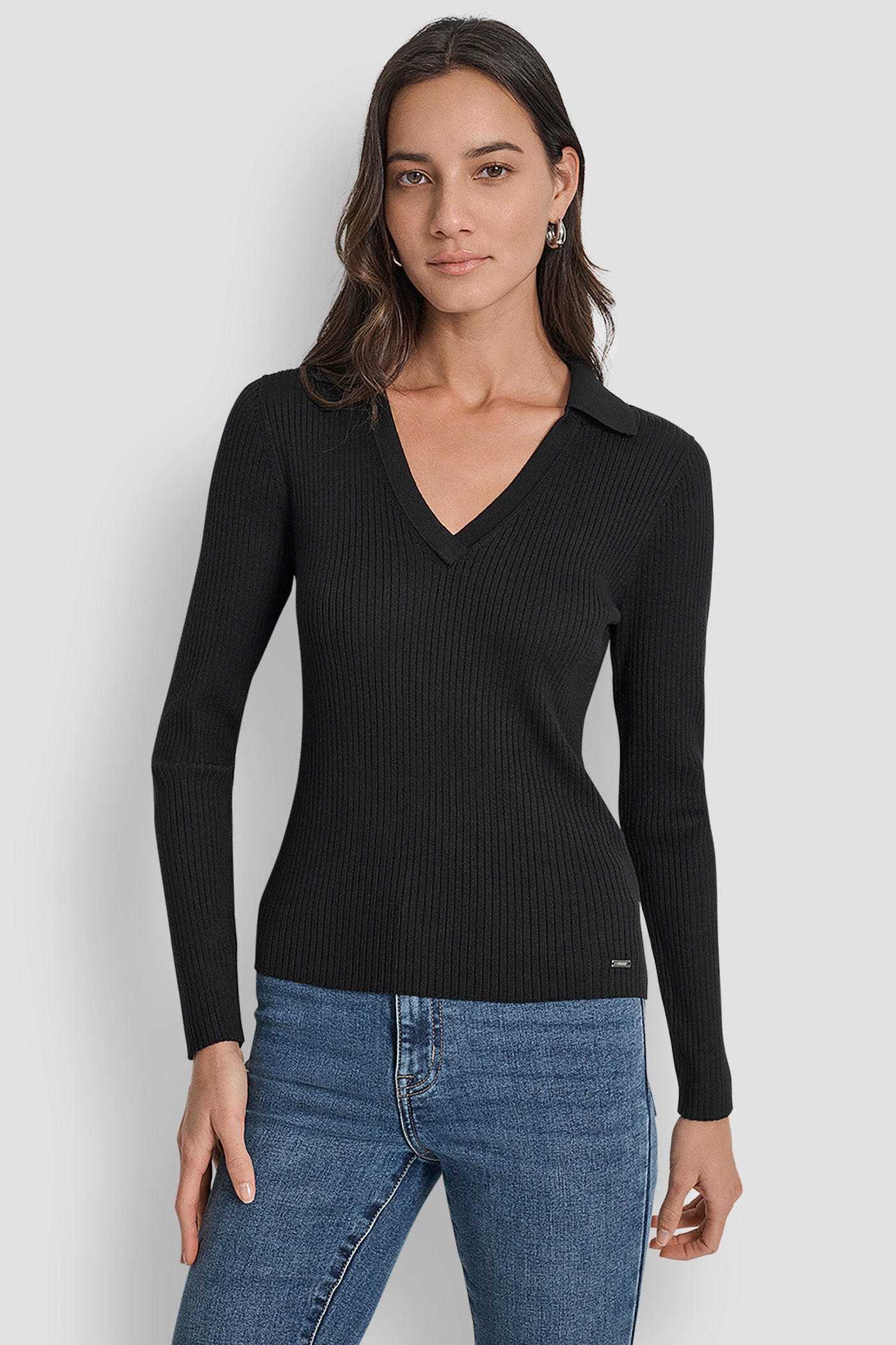 Black LONG SLEEVE RIB POLO SWEATER, FRONT VIEW | WOMEN'S SWEATERS & TOPS