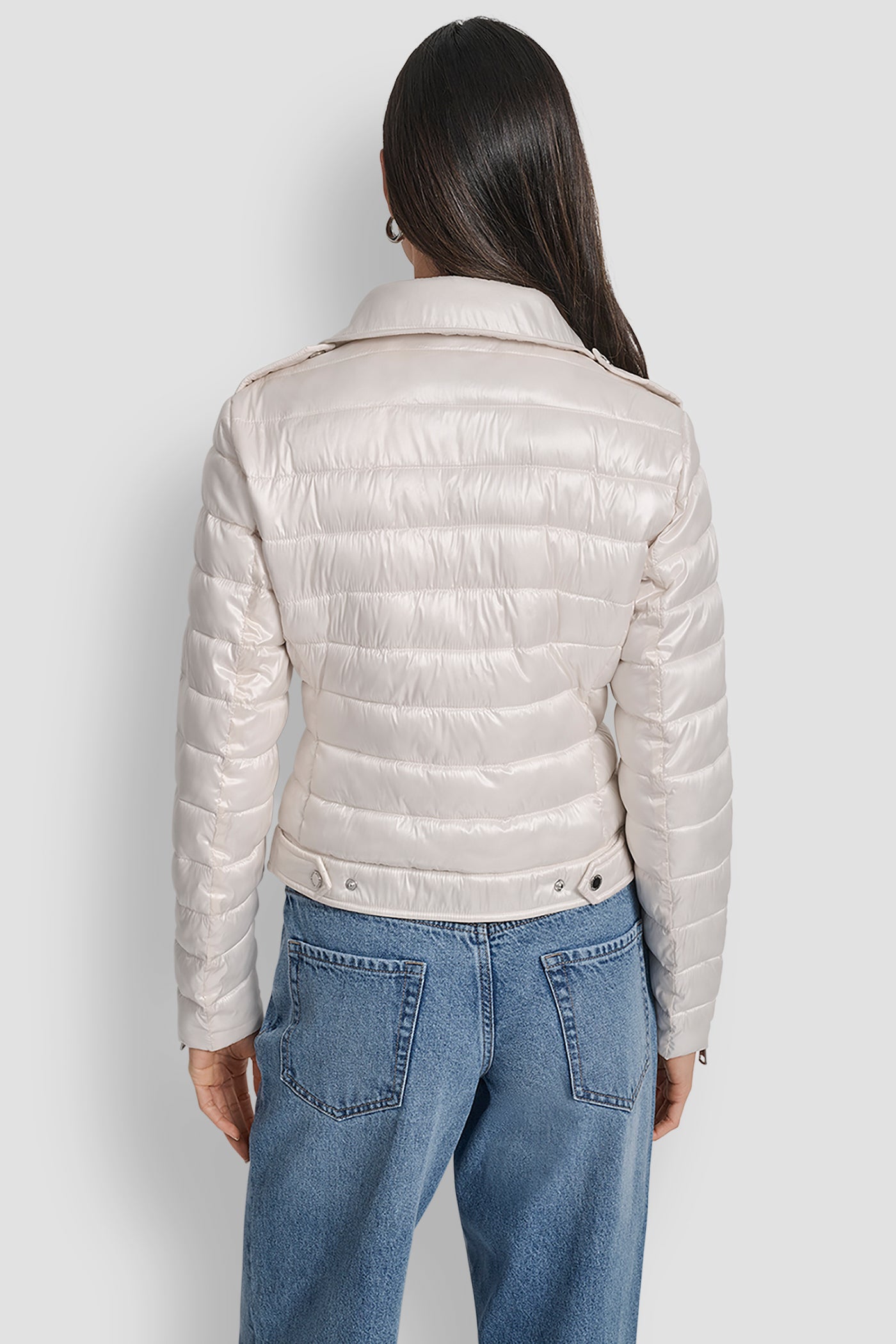 METALLIC EGGNOG MOTO STYLE LIGHT WEIGHT PUFFER JACKET, BACK VIEW | New Arrivals