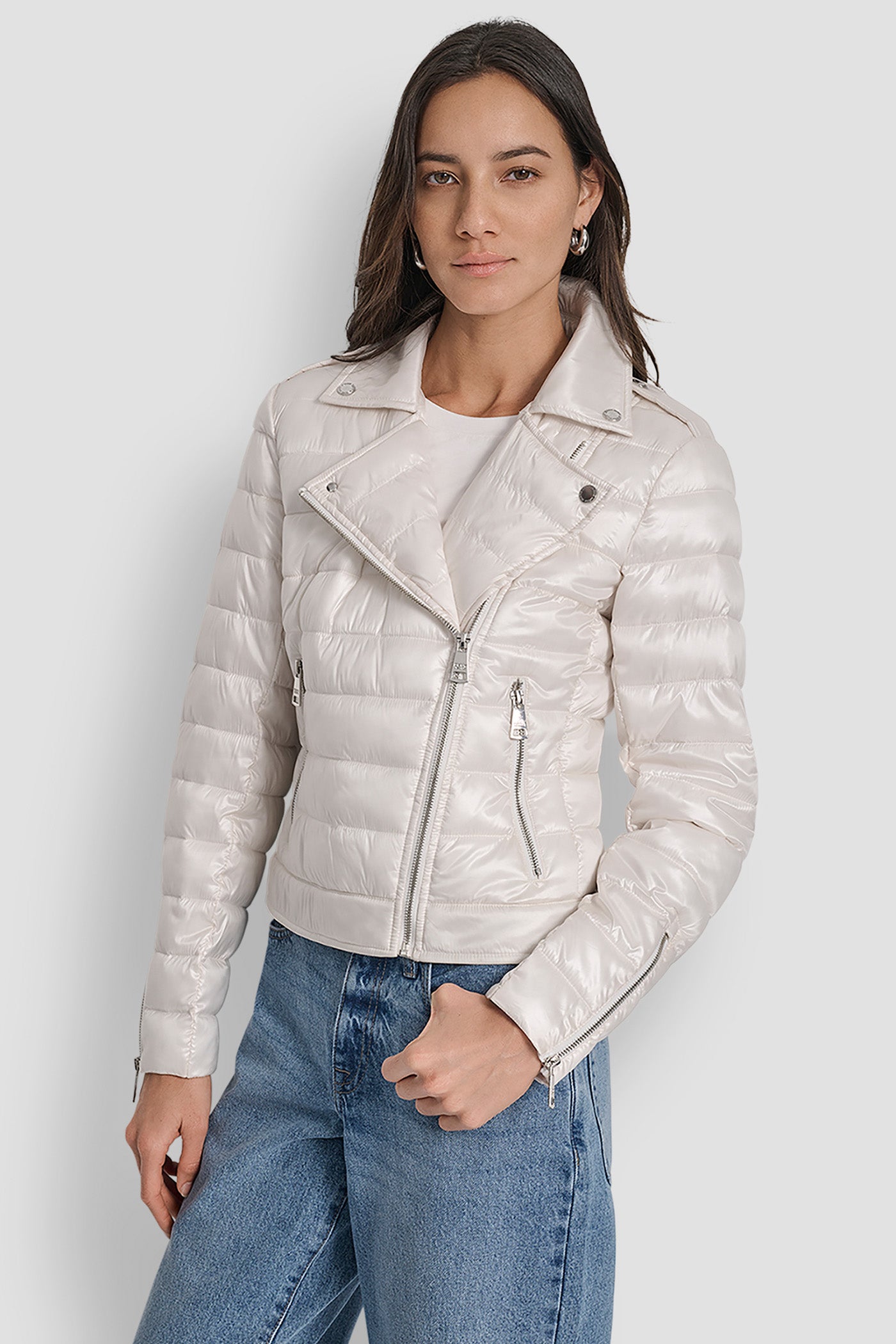 METALLIC EGGNOG MOTO STYLE LIGHT WEIGHT PUFFER JACKET, FRONT VIEW | New Arrivals