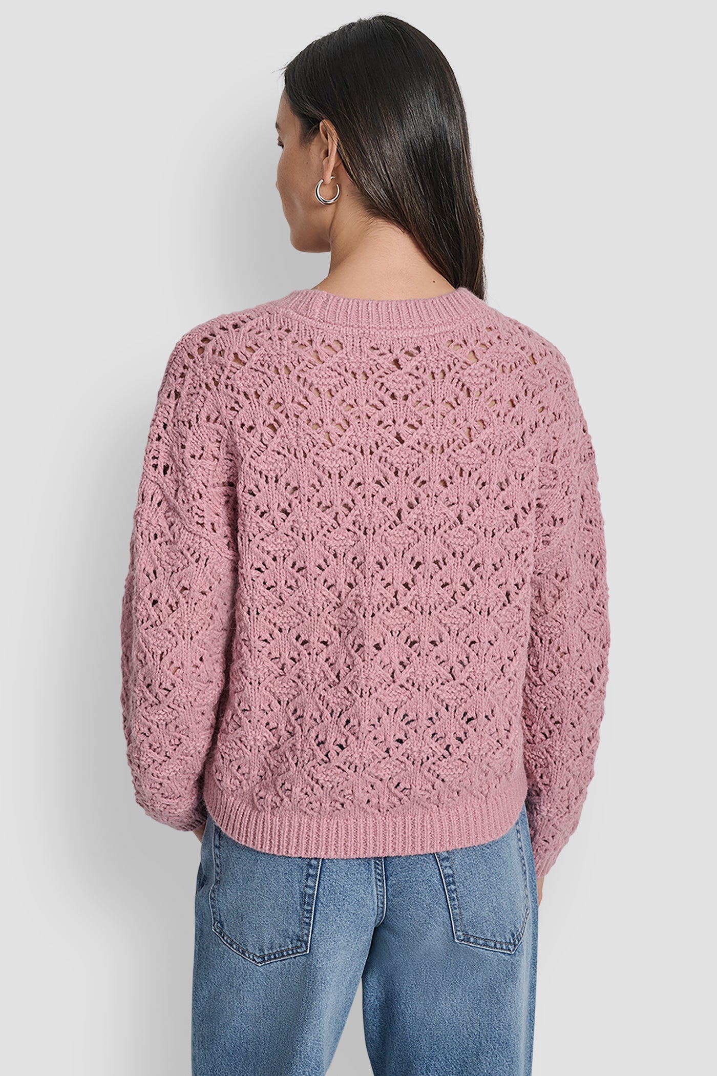 DUSTY MAUVE POINTELLE STITCH LONG SLEEVE CREW NECK SWEATER, BACK VIEW | New Arrivals