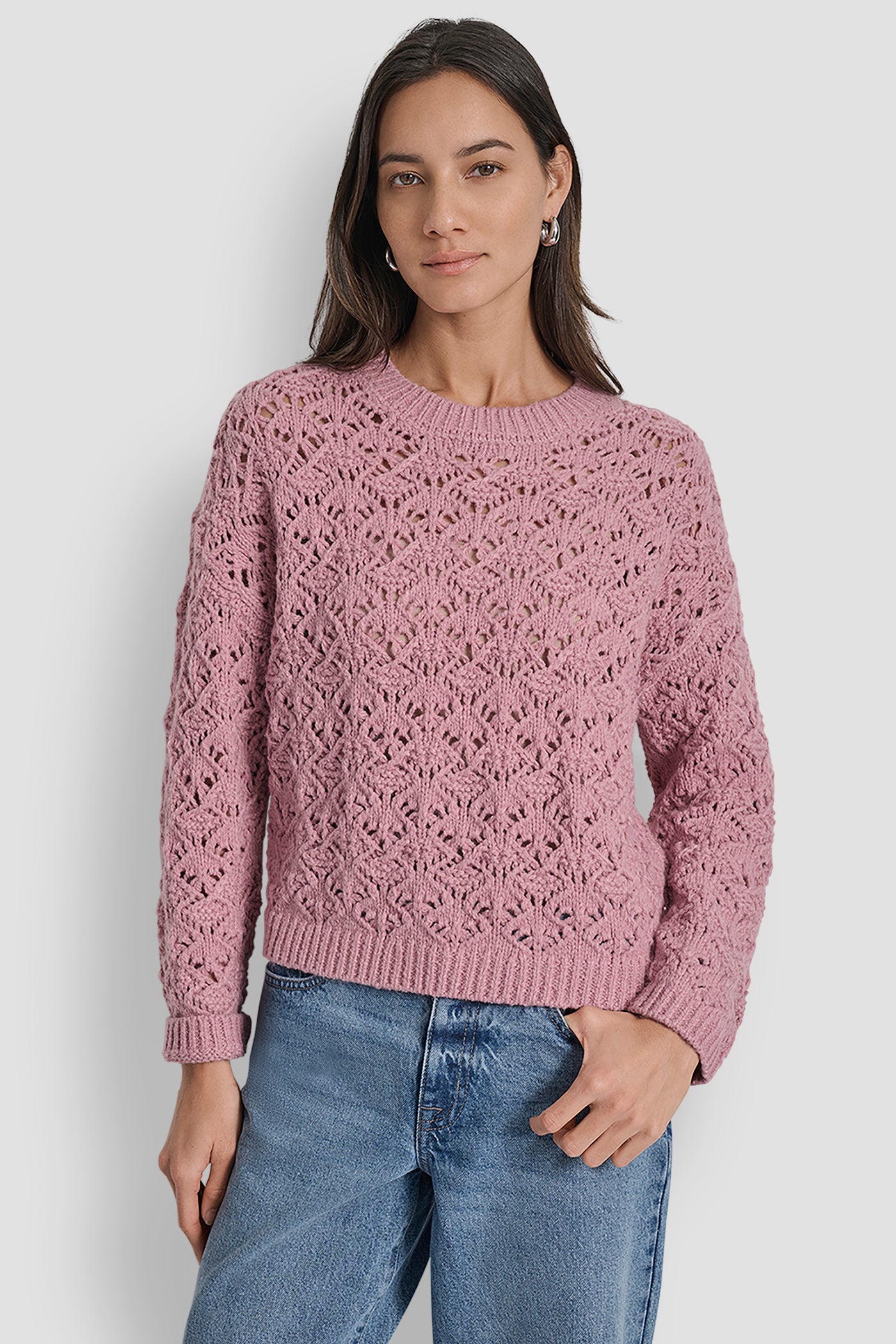 DUSTY MAUVE POINTELLE STITCH LONG SLEEVE CREW NECK SWEATER, FRONT VIEW | New Arrivals