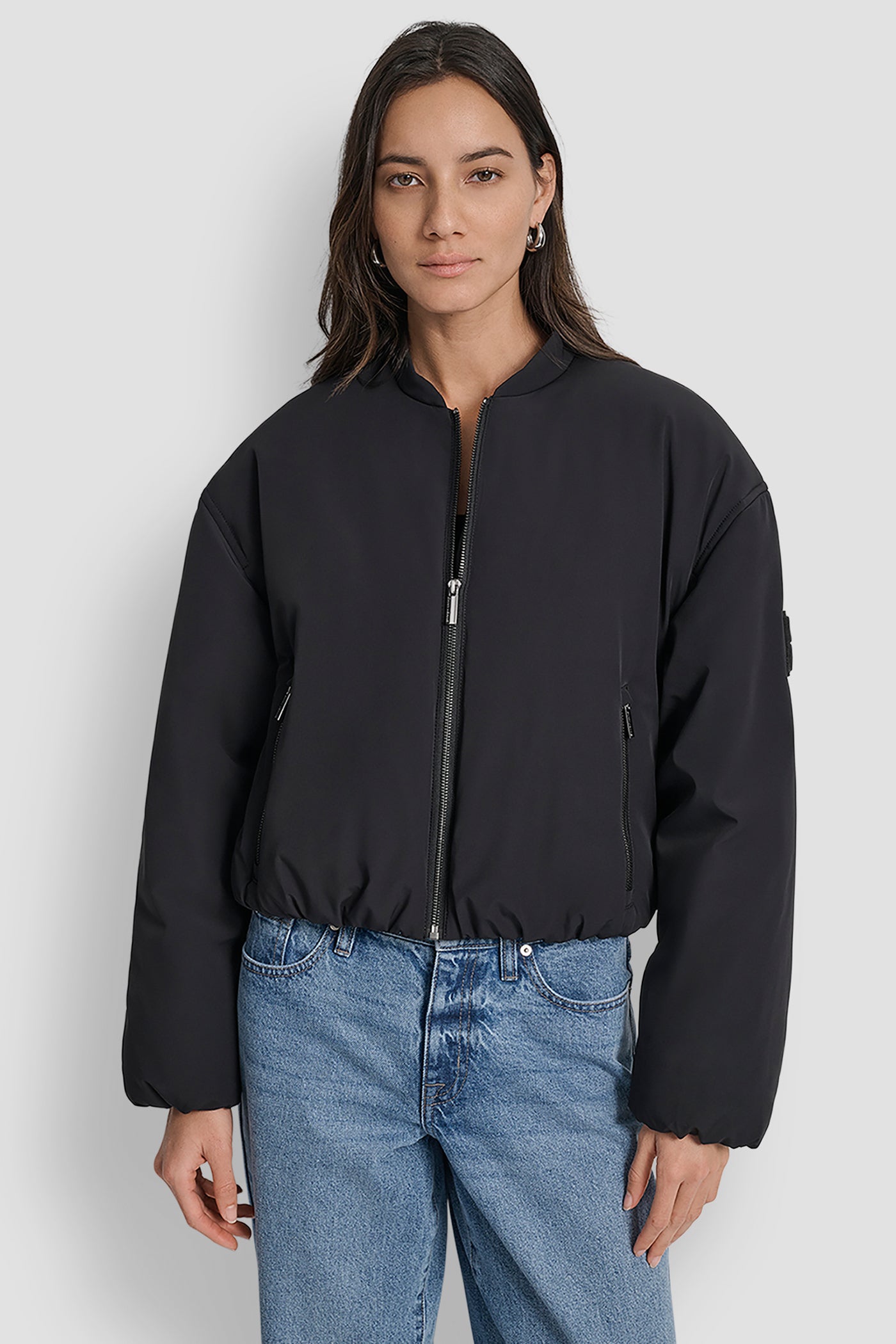 Black MATTE NYLON BOMBER STYLE JACKET, VIEW 1 | WOMENS COATS & JACKETS