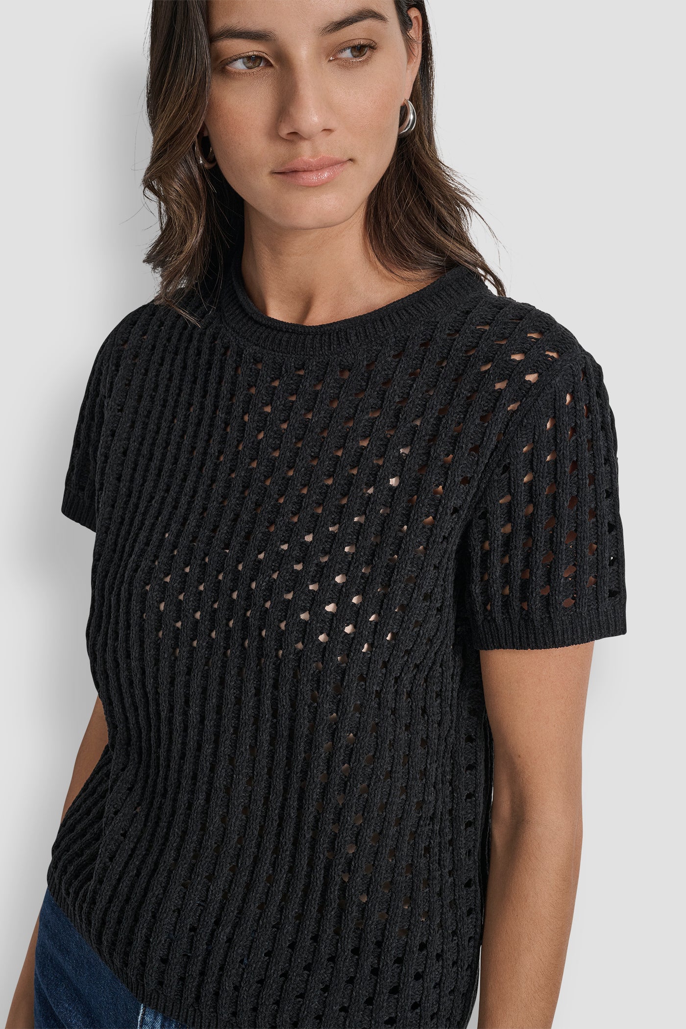OPEN STITCH CREW NECK SHORT SLEEVE SWEATER VIEW 4 | DKNY JEANS