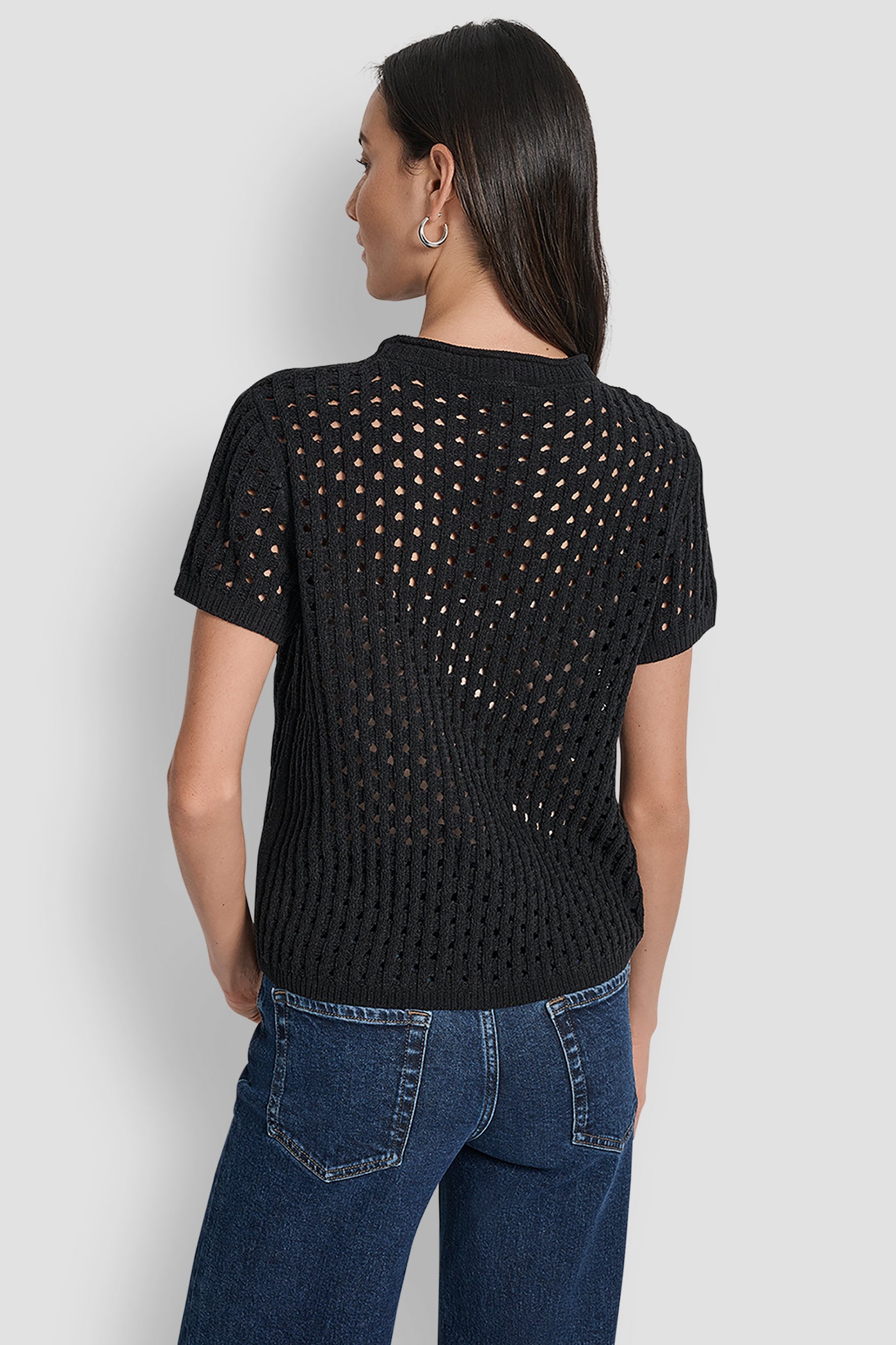 Black OPEN STITCH CREW NECK SHORT SLEEVE SWEATER, BACK VIEW | WOMEN'S SWEATERS & TOPS