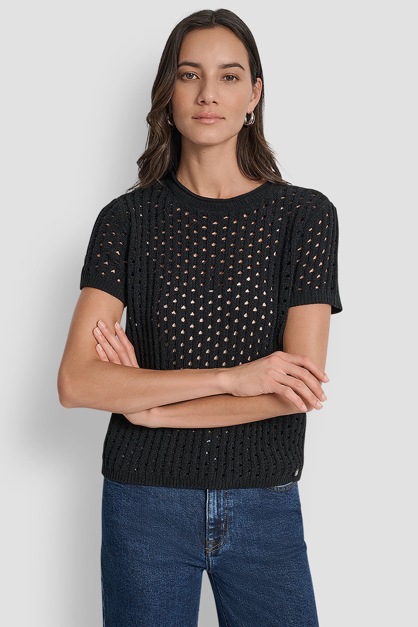 Black OPEN STITCH CREW NECK SHORT SLEEVE SWEATER, FRONT VIEW | WOMEN'S SWEATERS & TOPS