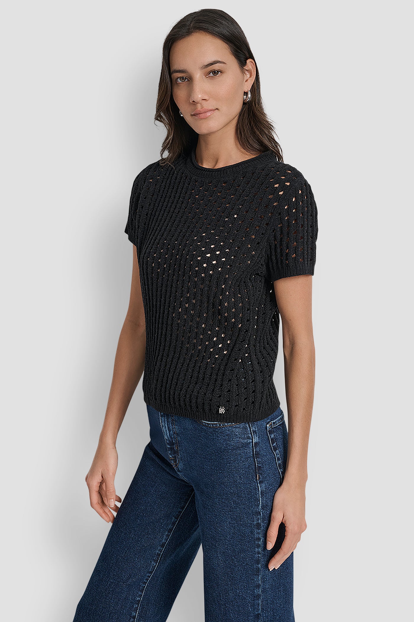 OPEN STITCH CREW NECK SHORT SLEEVE SWEATER VIEW 3 | DKNY JEANS