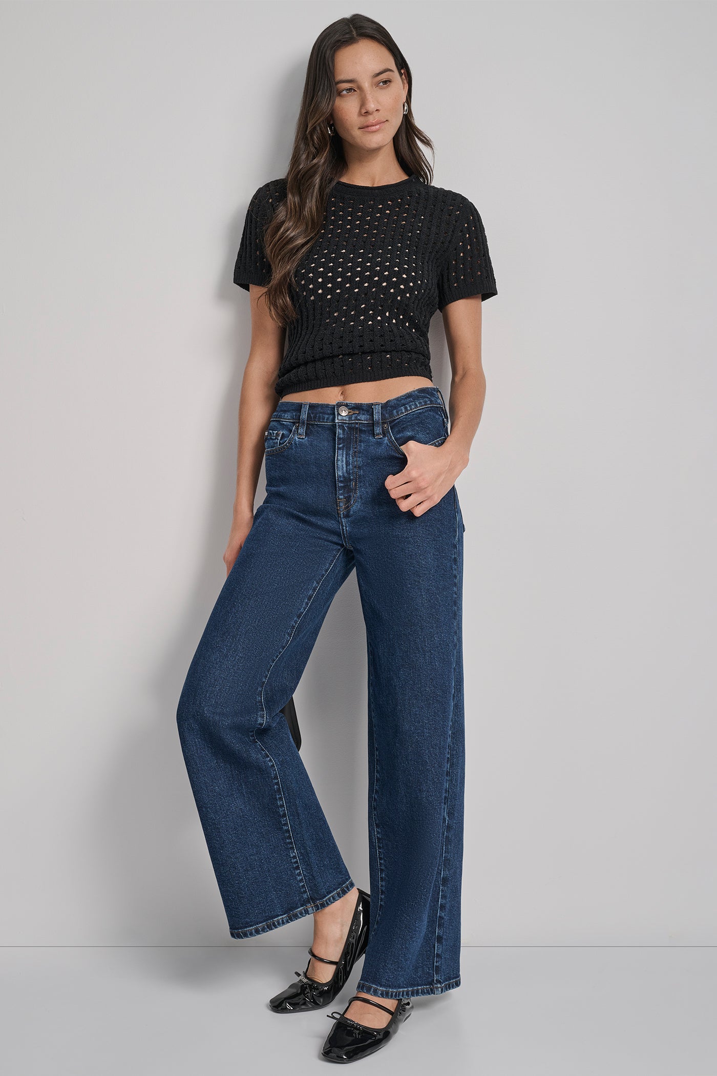 OPEN STITCH CREW NECK SHORT SLEEVE SWEATER VIEW 6 | DKNY JEANS