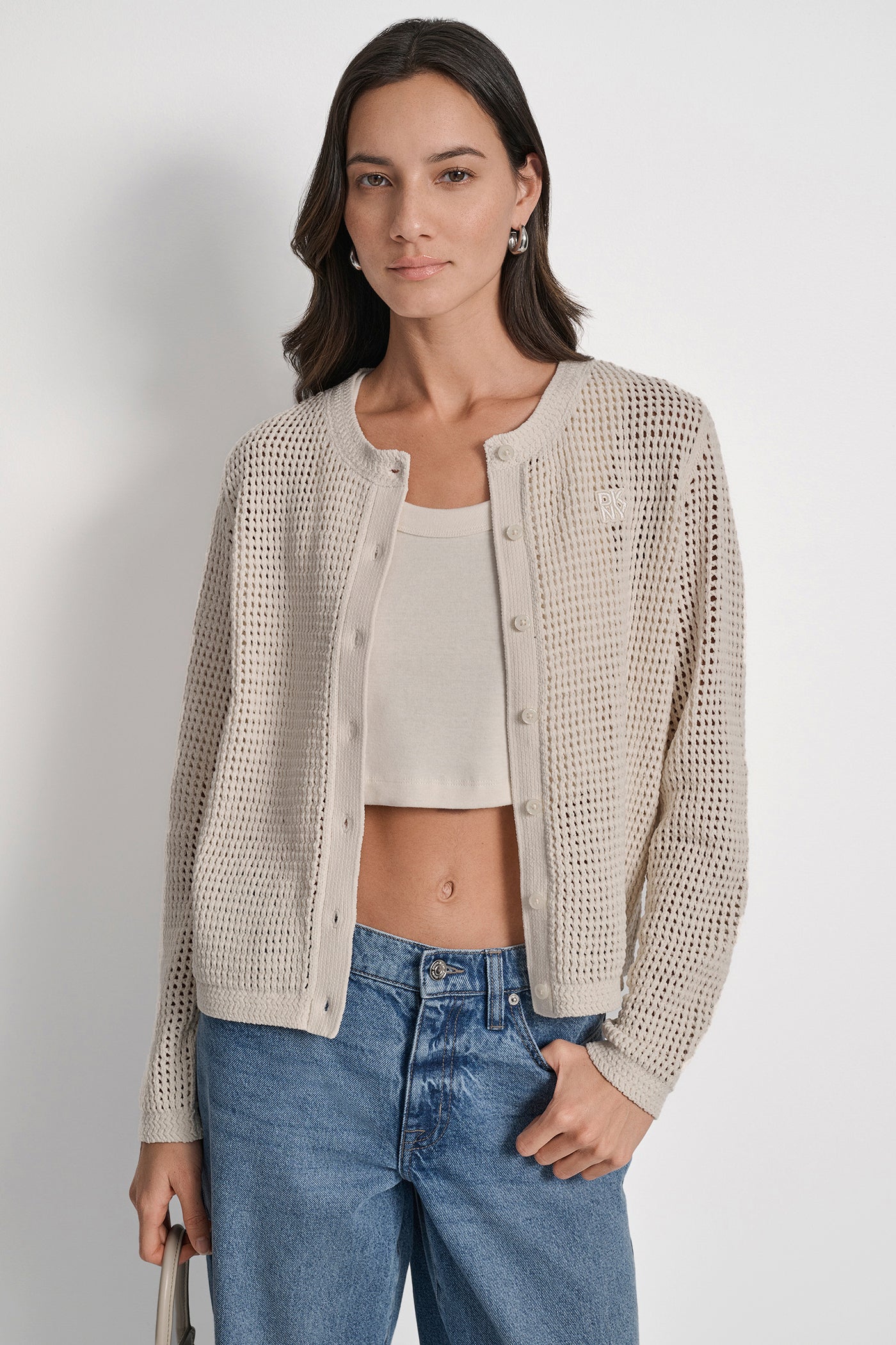 BLONDE LOGO-EMBELLISHED OPEN-KNIT CARDIGAN, VIEW 1 | WOMEN'S SWEATERS & TOPS