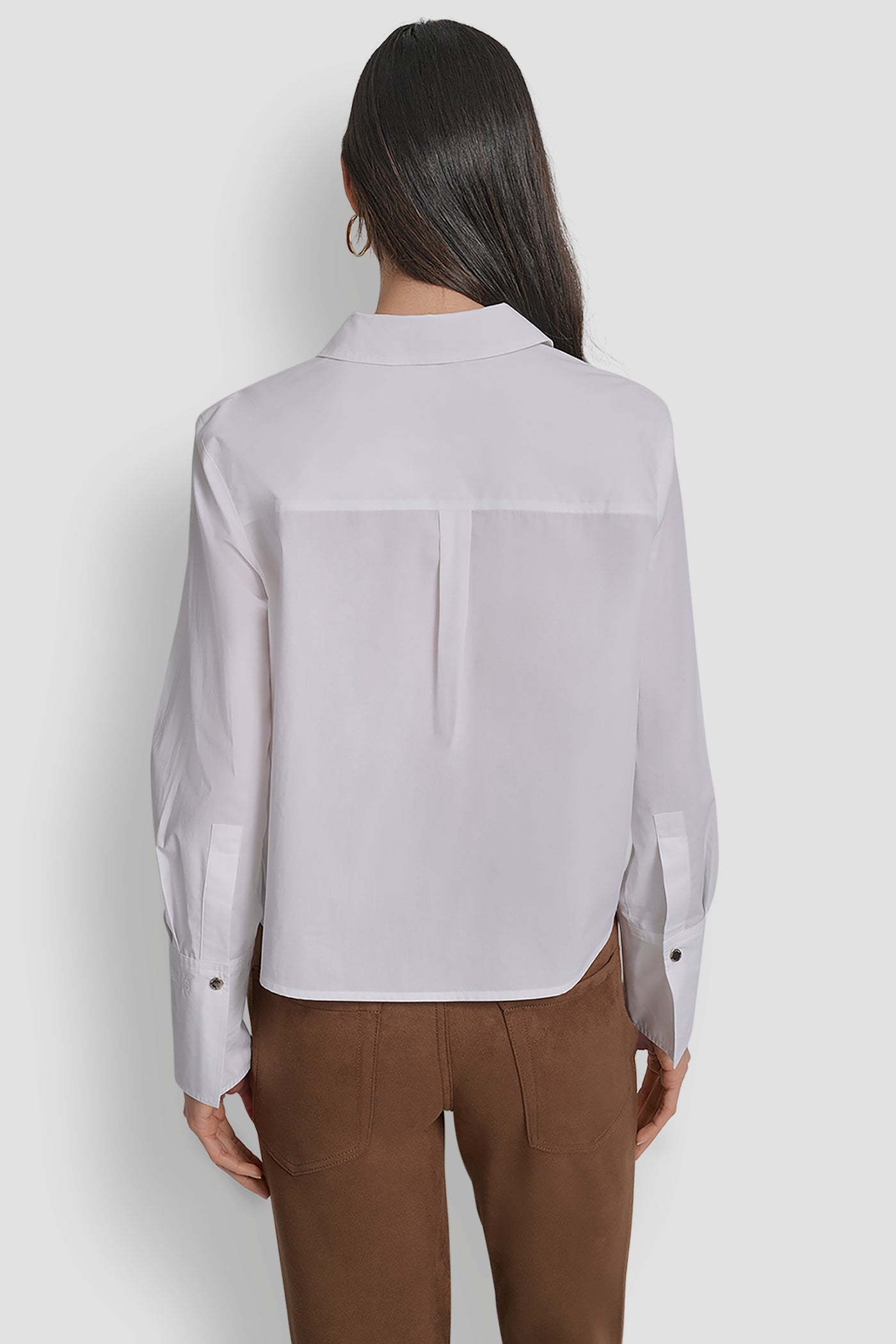 White ZIP FRONT FITTED POPLIN LONG SLEEVE SHIRT WITH CHEST, BACK VIEW | WOMEN'S SWEATERS & TOPS