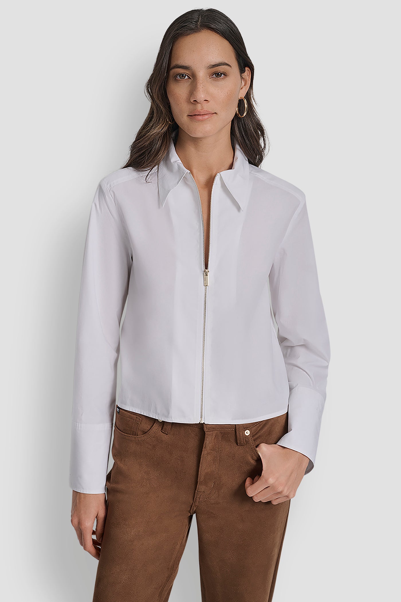 White ZIP FRONT FITTED POPLIN LONG SLEEVE SHIRT WITH CHEST, FRONT VIEW | WOMEN'S SWEATERS & TOPS
