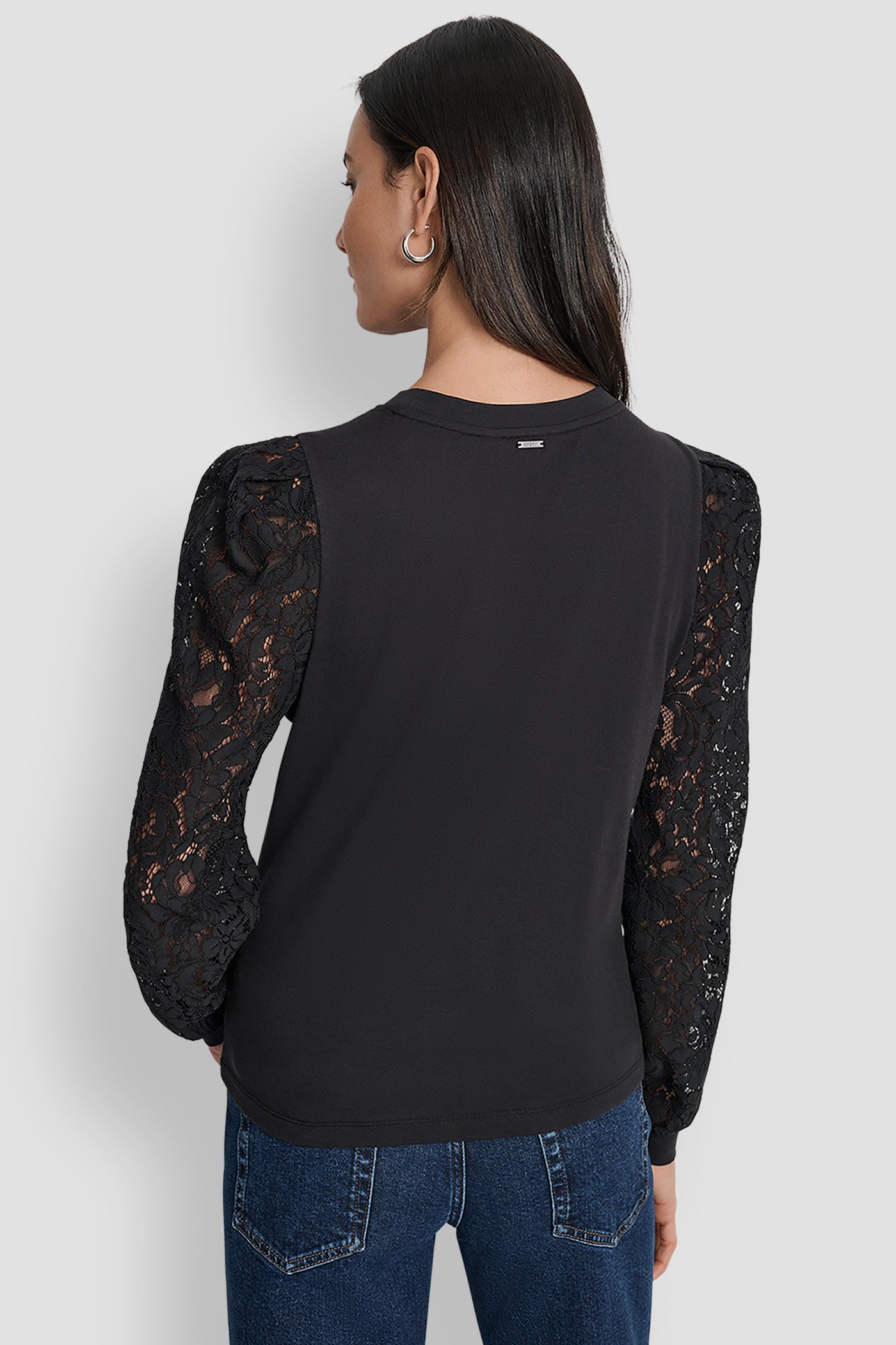 Black LACE PUFF LONG SLEEVE CREW NECK TEE, BACK VIEW | WOMEN'S SWEATERS & TOPS
