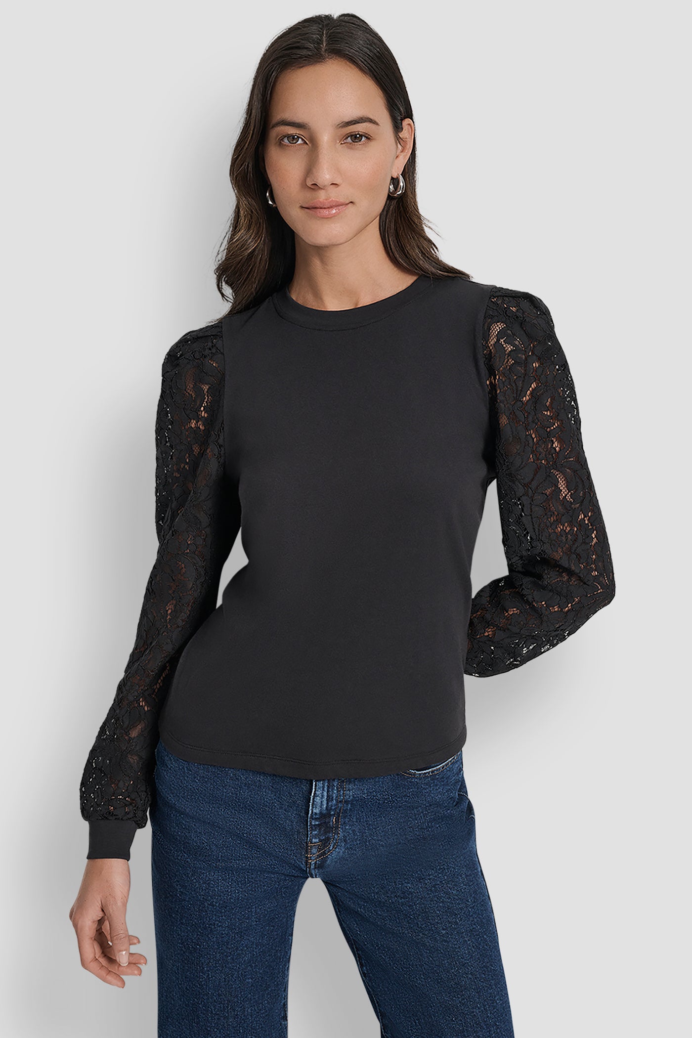 Black LACE PUFF LONG SLEEVE CREW NECK TEE, FRONT VIEW | WOMEN'S SWEATERS & TOPS