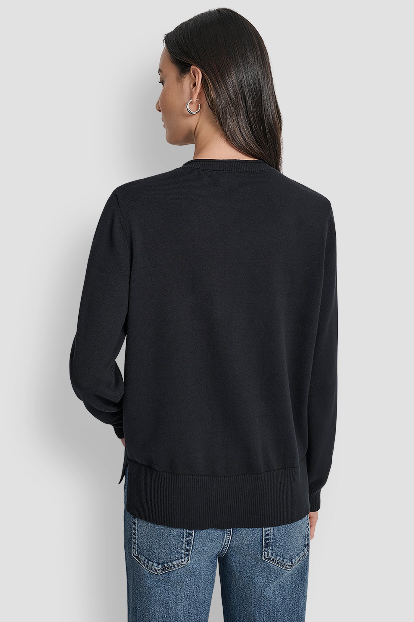 Black DKNY STACKED RHINESTONE LOGO LONG SLEEVE CREW NECK, BACK VIEW | WOMEN'S SWEATERS & TOPS