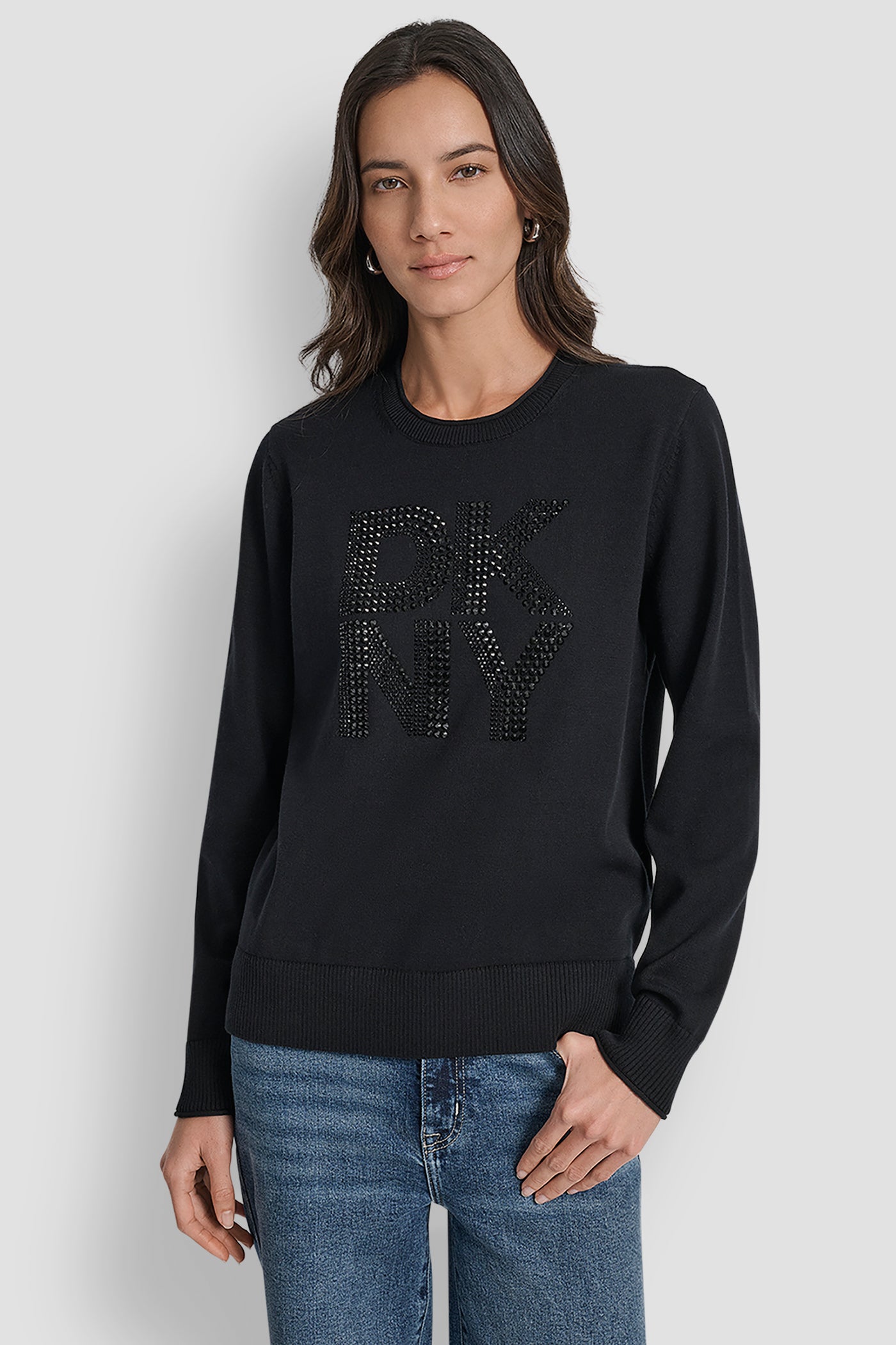 Black DKNY STACKED RHINESTONE LOGO LONG SLEEVE CREW NECK, FRONT VIEW | WOMEN'S SWEATERS & TOPS
