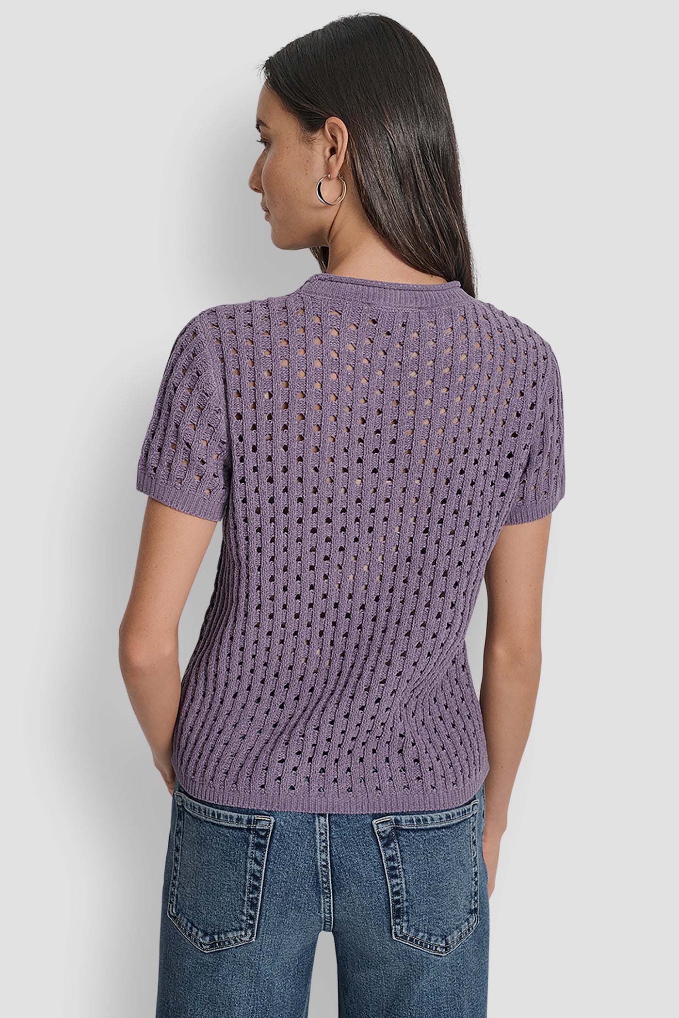 VESPER OPEN STITCH CREW NECK SHORT SLEEVE SWEATER, BACK VIEW | WOMEN'S SWEATERS & TOPS