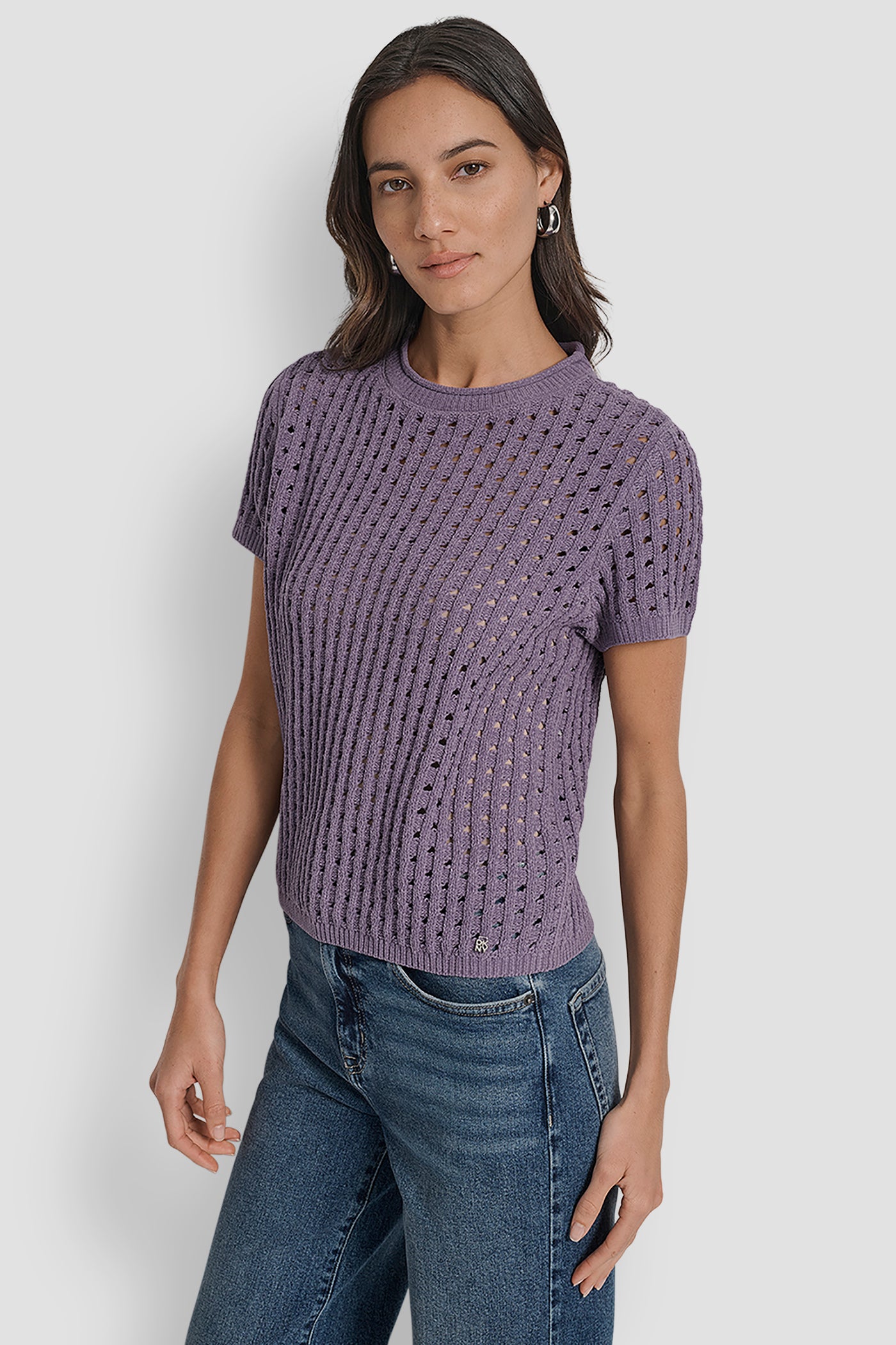 VESPER OPEN STITCH CREW NECK SHORT SLEEVE SWEATER, FRONT VIEW | WOMEN'S SWEATERS & TOPS