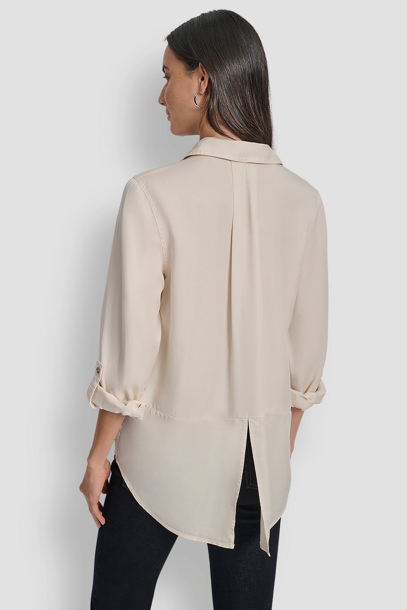 BLONDE SPLIT BACK BUTTON FRONT WITH ROLL TAB, BACK VIEW | WOMEN'S SWEATERS & TOPS