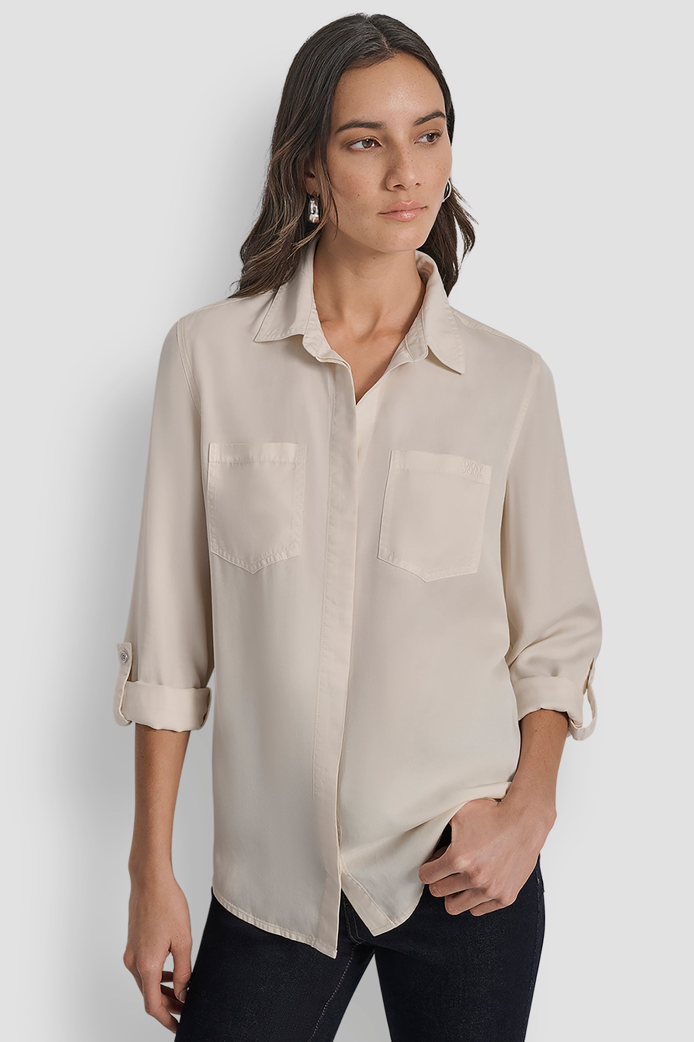 BLONDE SPLIT BACK BUTTON FRONT WITH ROLL TAB, FRONT VIEW | WOMEN'S SWEATERS & TOPS