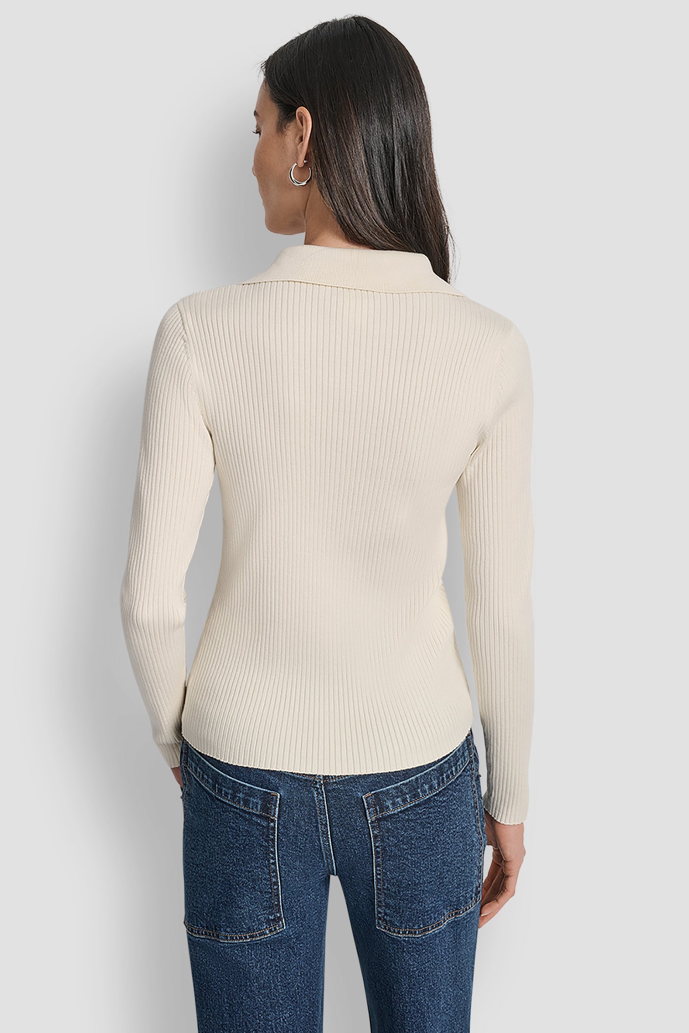 EGGNOG LONG SLEEVE RIB POLO SWEATER, BACK VIEW | WOMEN'S SWEATERS & TOPS