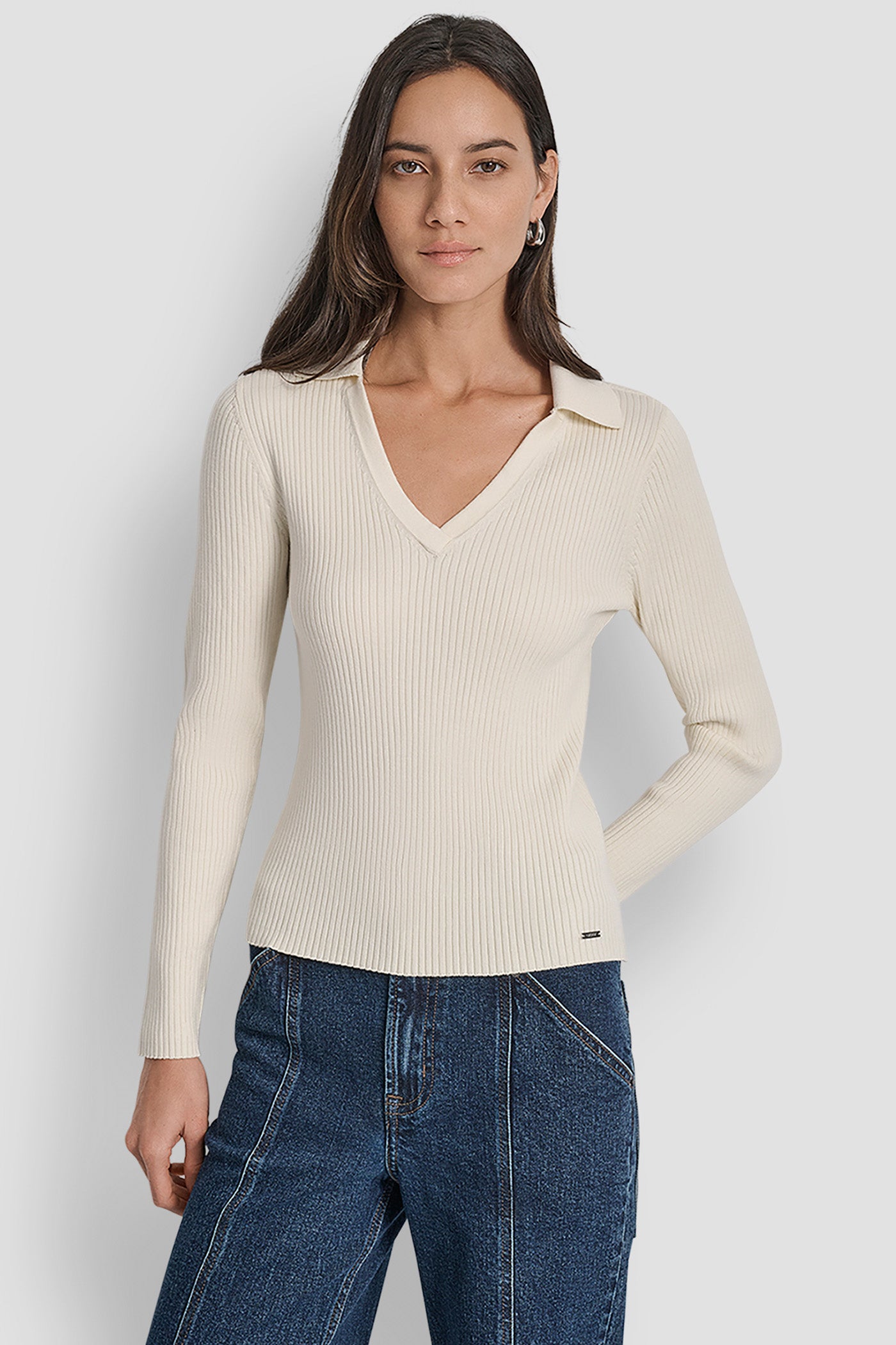 EGGNOG LONG SLEEVE RIB POLO SWEATER, FRONT VIEW | WOMEN'S SWEATERS & TOPS