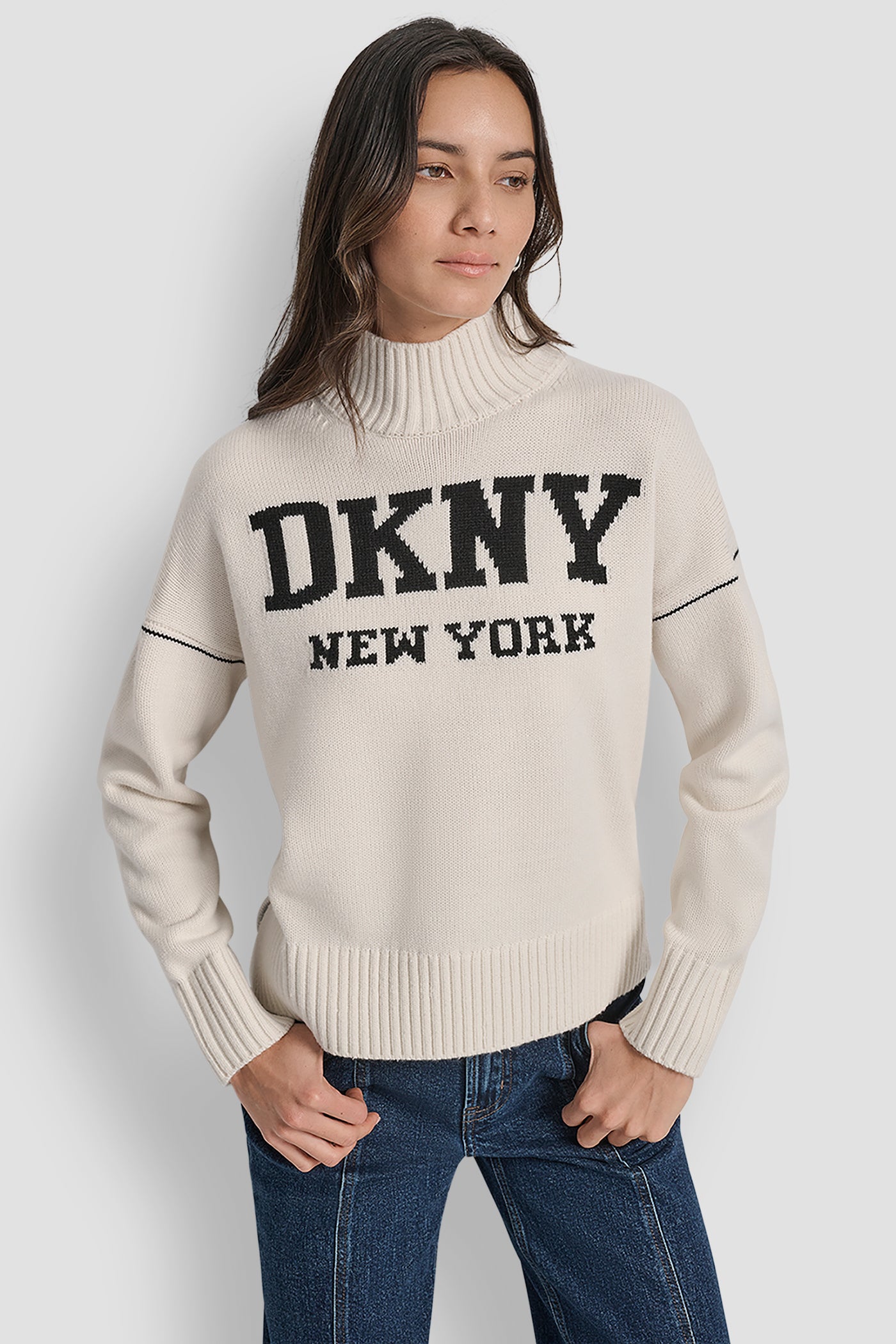 EGGNOG/BLACK LOGO INTARSIA MOCK-NECK SWEATER, FRONT VIEW | WOMEN'S SWEATERS & TOPS
