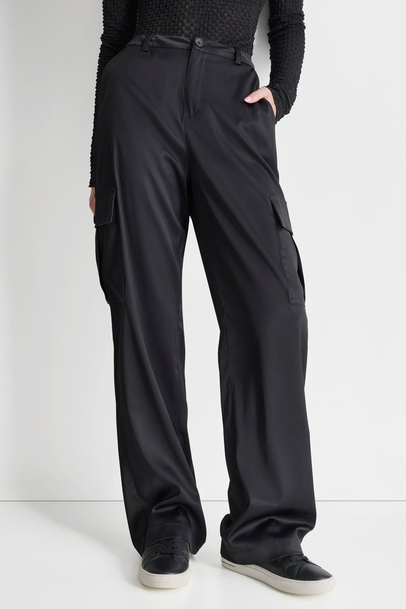 Black HIGH RISE HEAVY SATIN STRAIGHT LEG CARGO, FRONT VIEW | 9-5 Edit