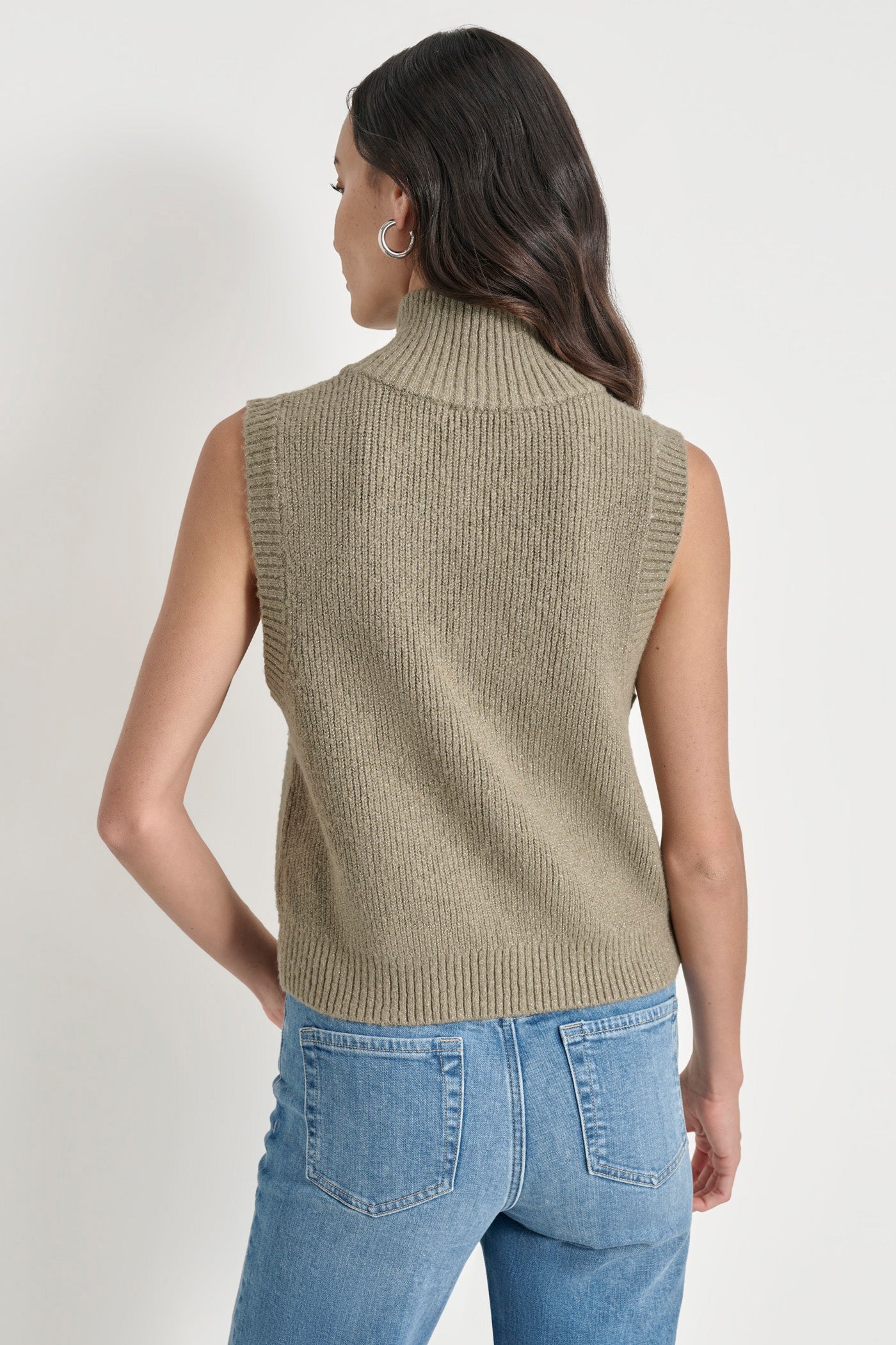 Green LUREX MOCK NECK ZIP FRONT VEST, BACK VIEW | Under $100