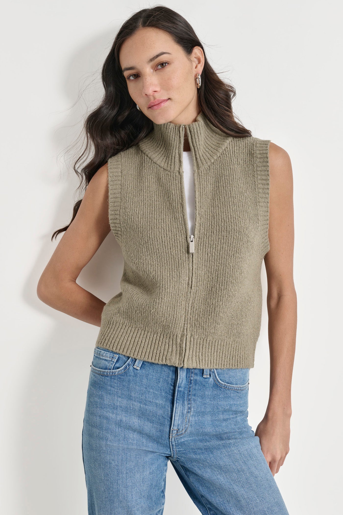 Green LUREX MOCK NECK ZIP FRONT VEST, FRONT VIEW | Under $100