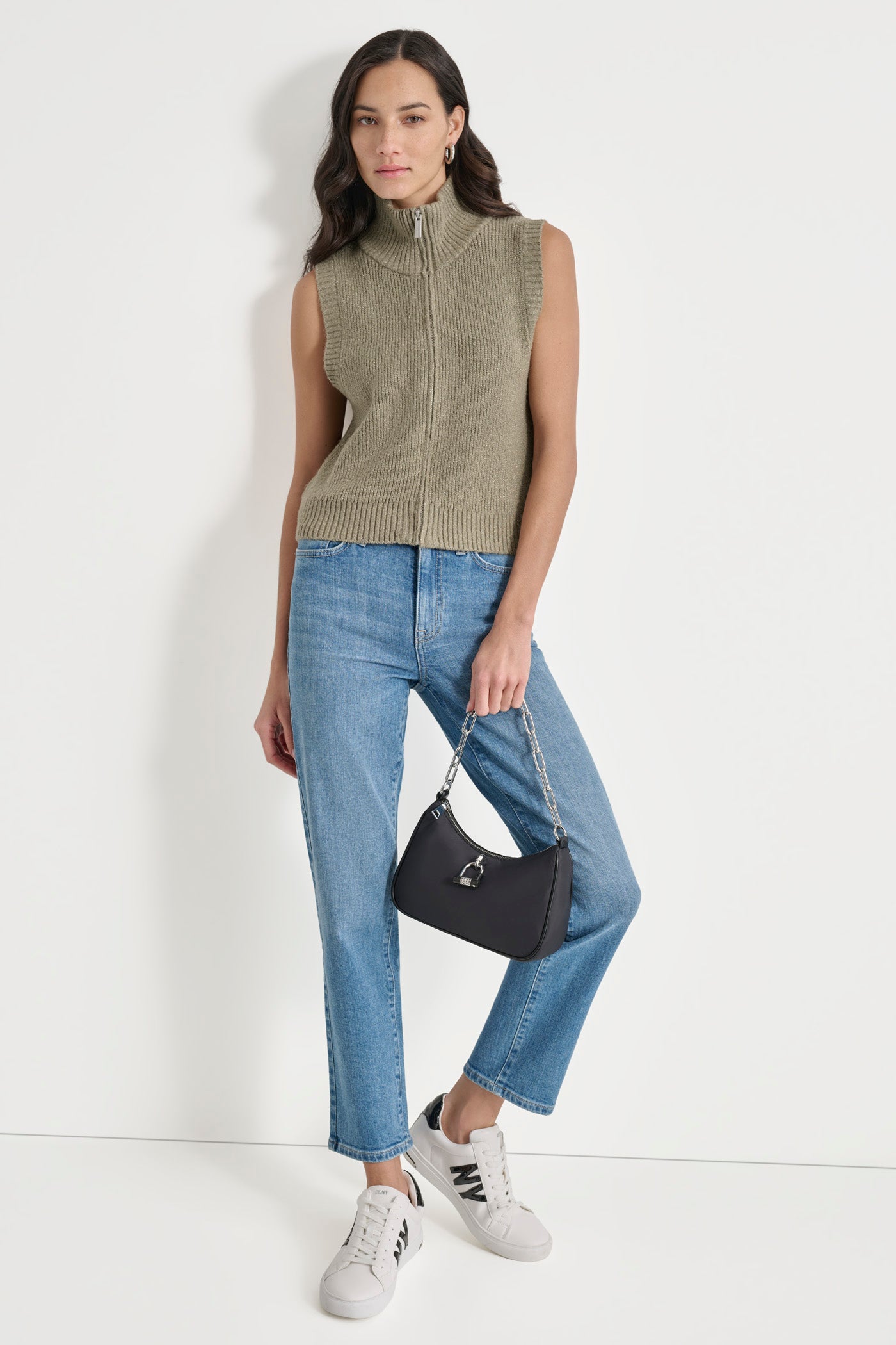 LUREX MOCK NECK ZIP FRONT VEST VIEW 3 | Under $100