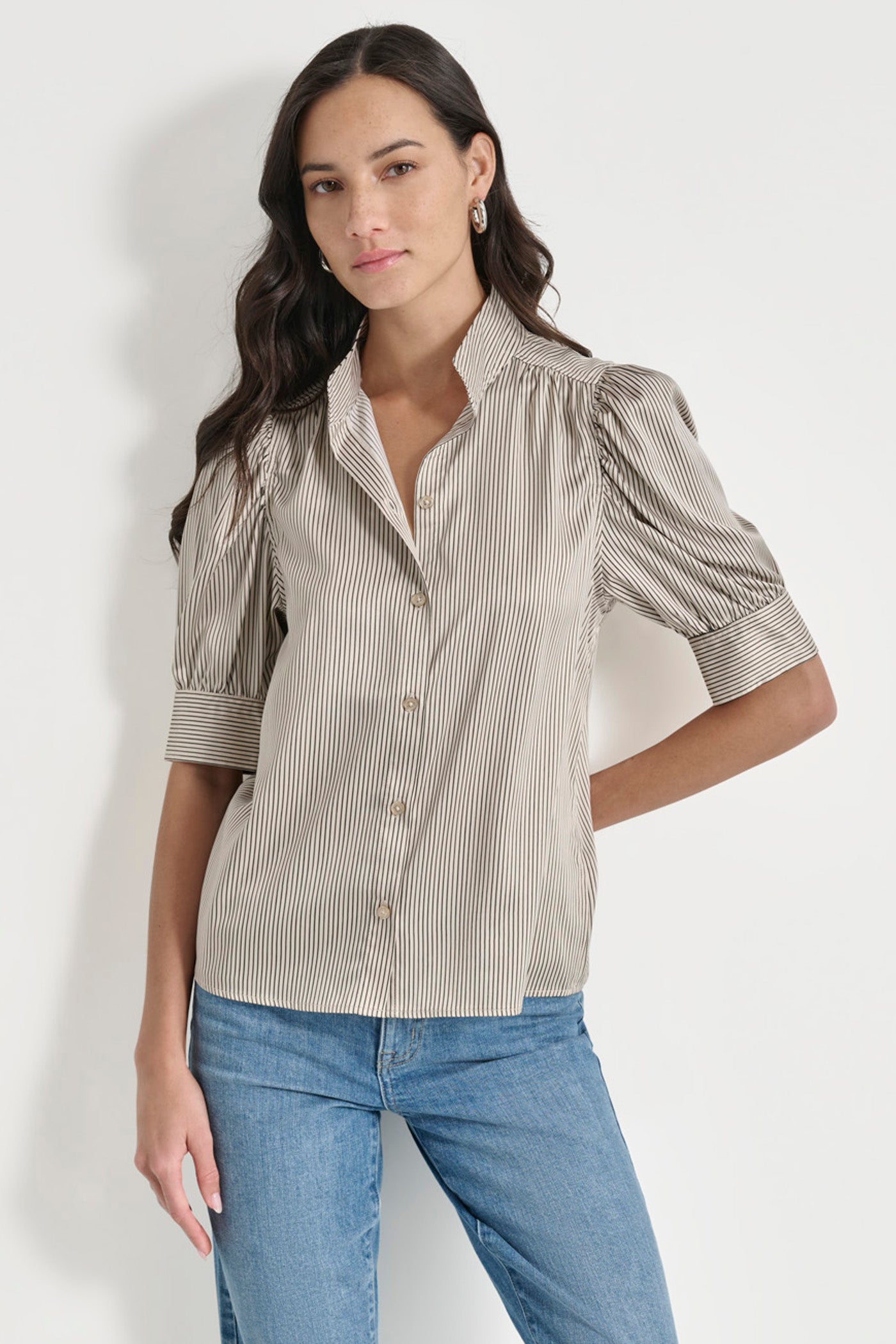 VANILLA BEAN/BLACK STAND COLLAR SHIRT, FRONT VIEW | WOMEN'S SWEATERS & TOPS